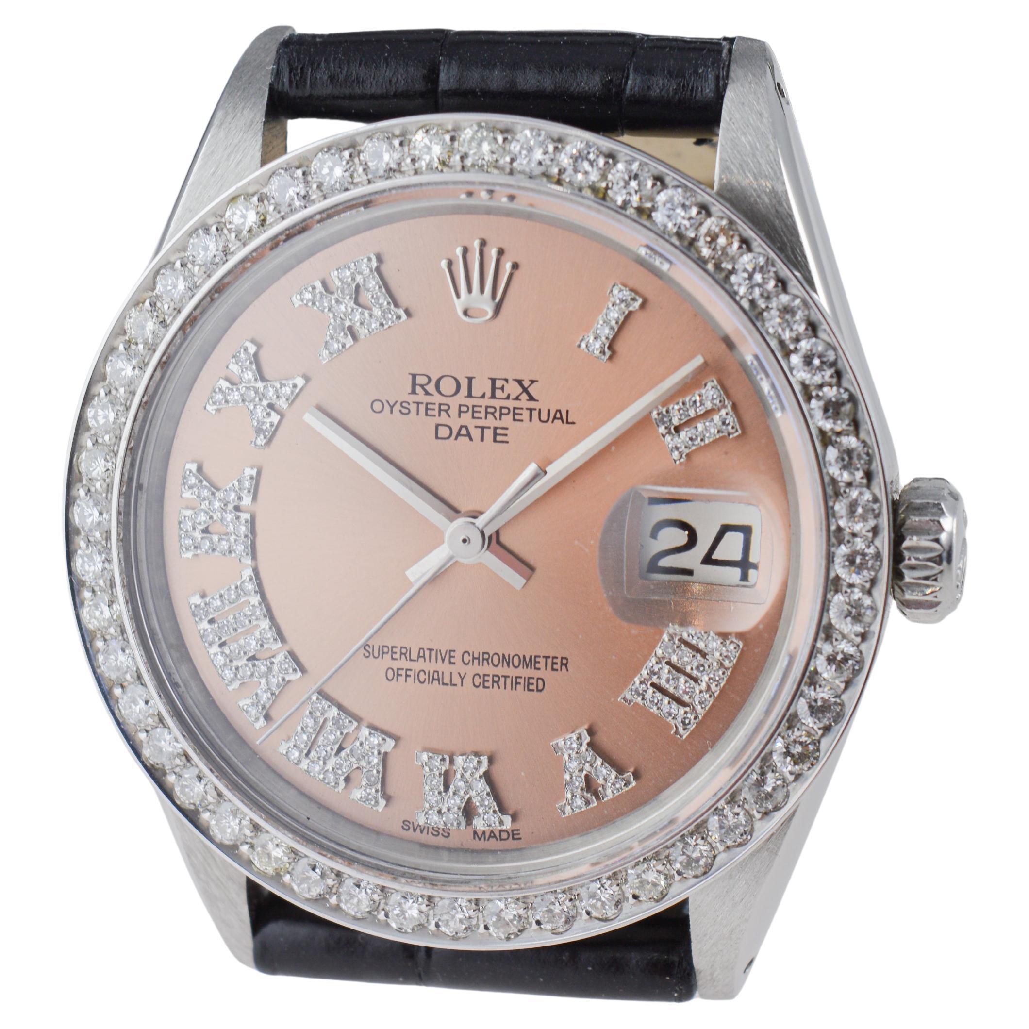 Rolex Steel Oyster Perpetual Date with Custom Copper Dial, Diamond Bezel, 1960's For Sale 10