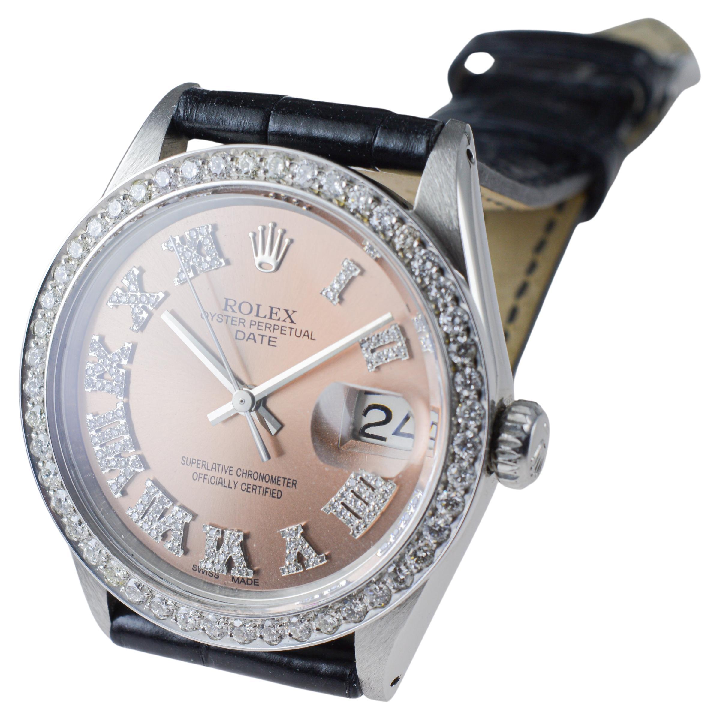 Rolex Steel Oyster Perpetual Date with Custom Copper Dial, Diamond Bezel, 1960's For Sale 11
