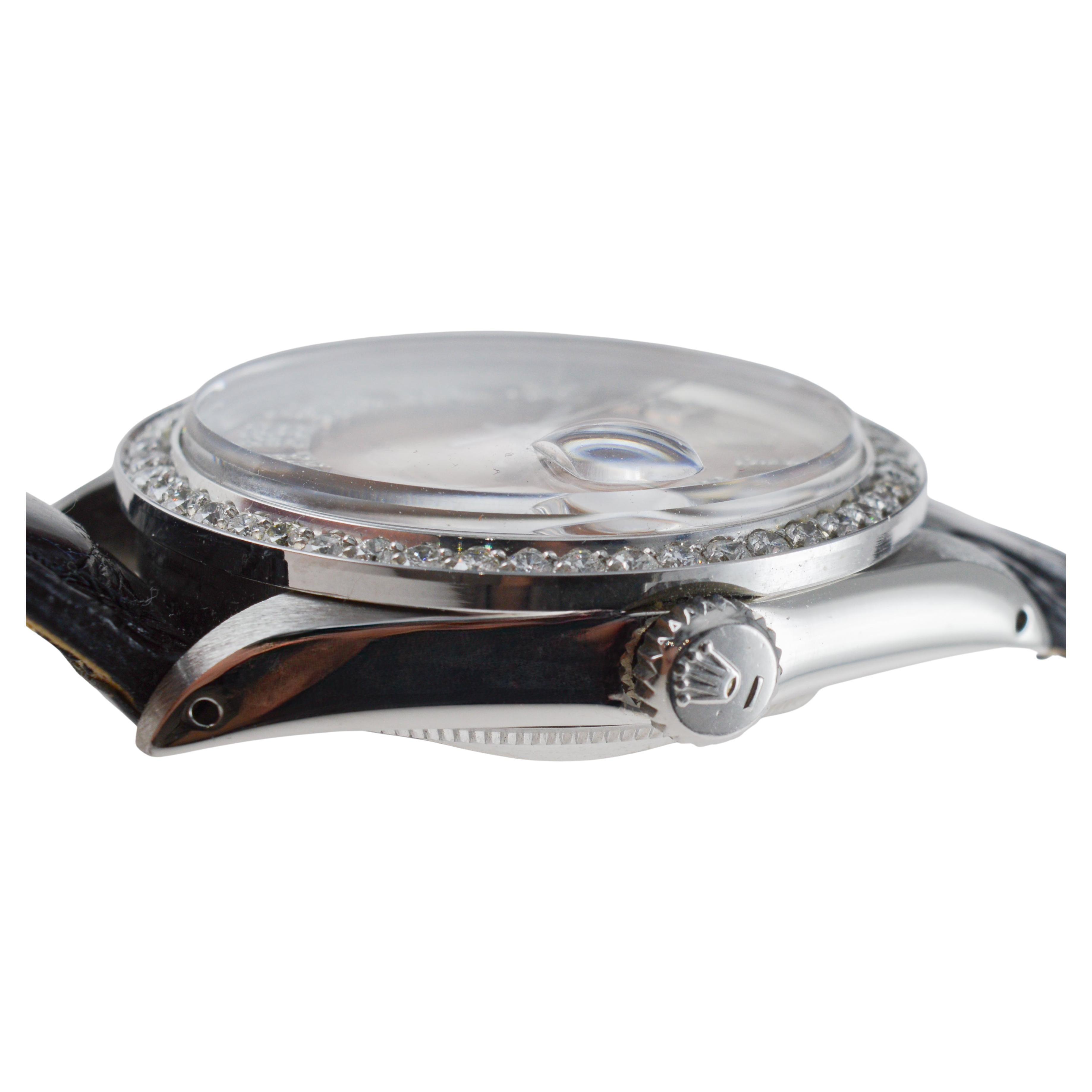 Rolex Steel Oyster Perpetual Date with Custom Copper Dial, Diamond Bezel, 1960's For Sale 12