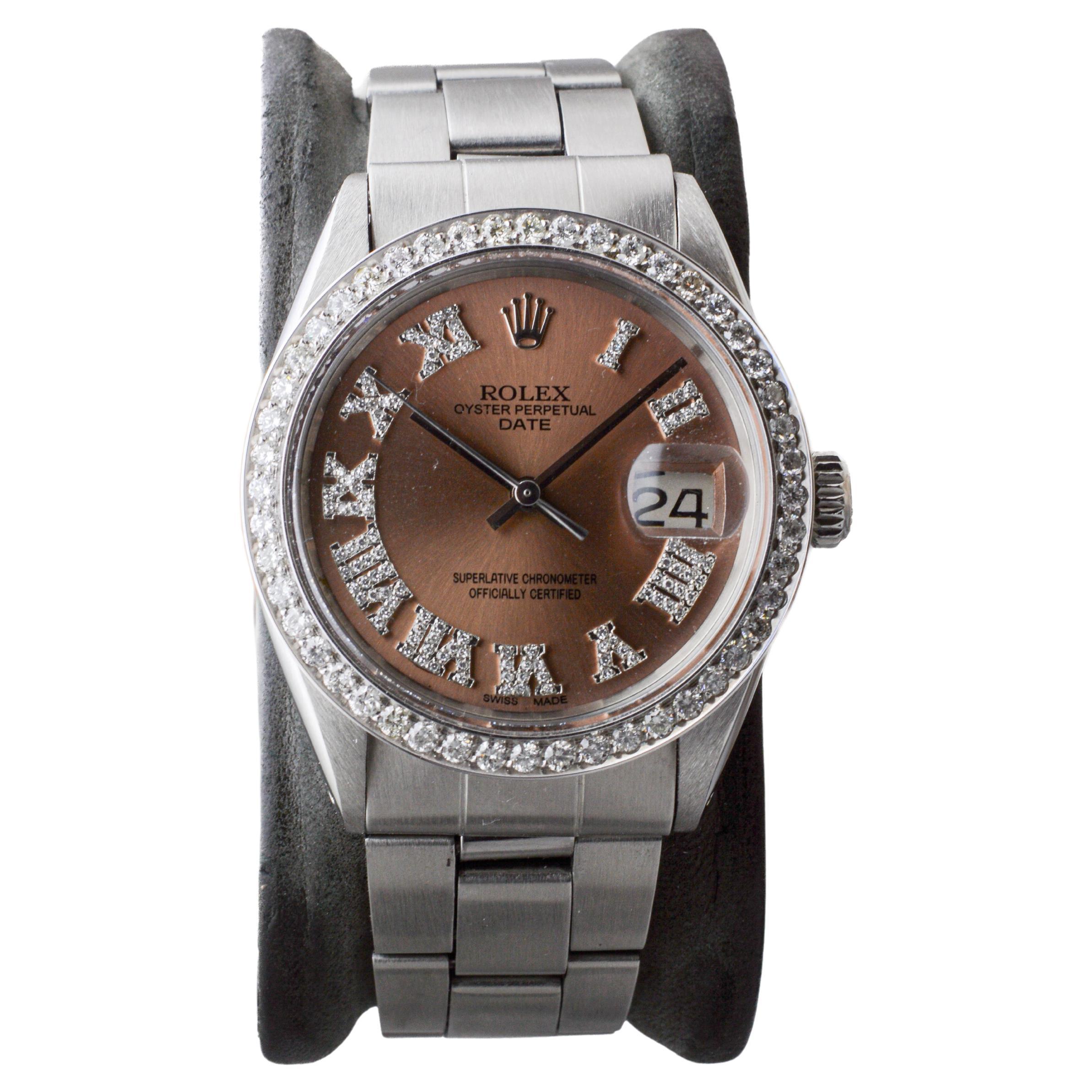 Modern Rolex Steel Oyster Perpetual Date with Custom Copper Dial, Diamond Bezel, 1960's For Sale