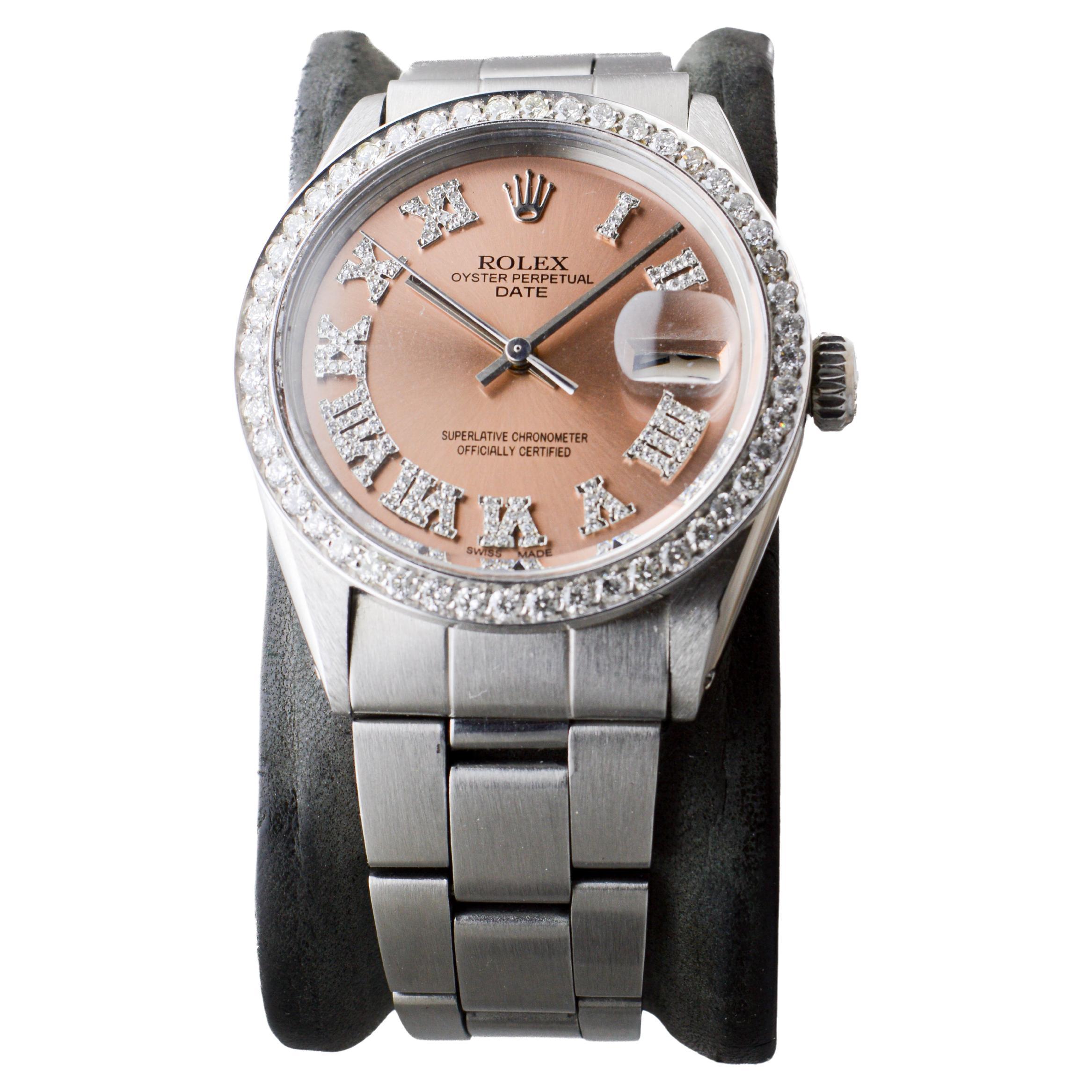 Rolex Steel Oyster Perpetual Date with Custom Copper Dial, Diamond Bezel, 1960's In Excellent Condition For Sale In Long Beach, CA