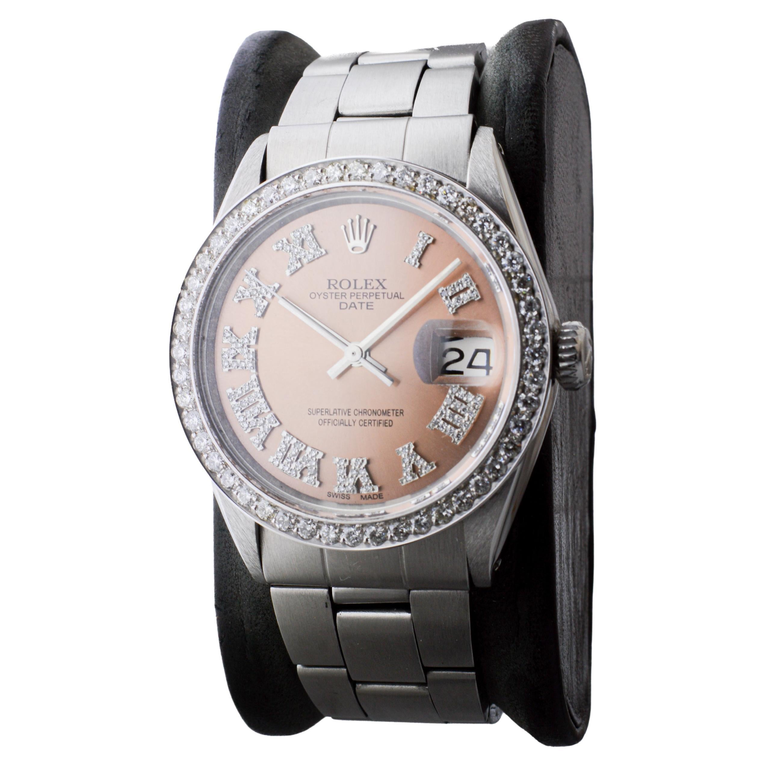 Women's or Men's Rolex Steel Oyster Perpetual Date with Custom Copper Dial, Diamond Bezel, 1960's For Sale