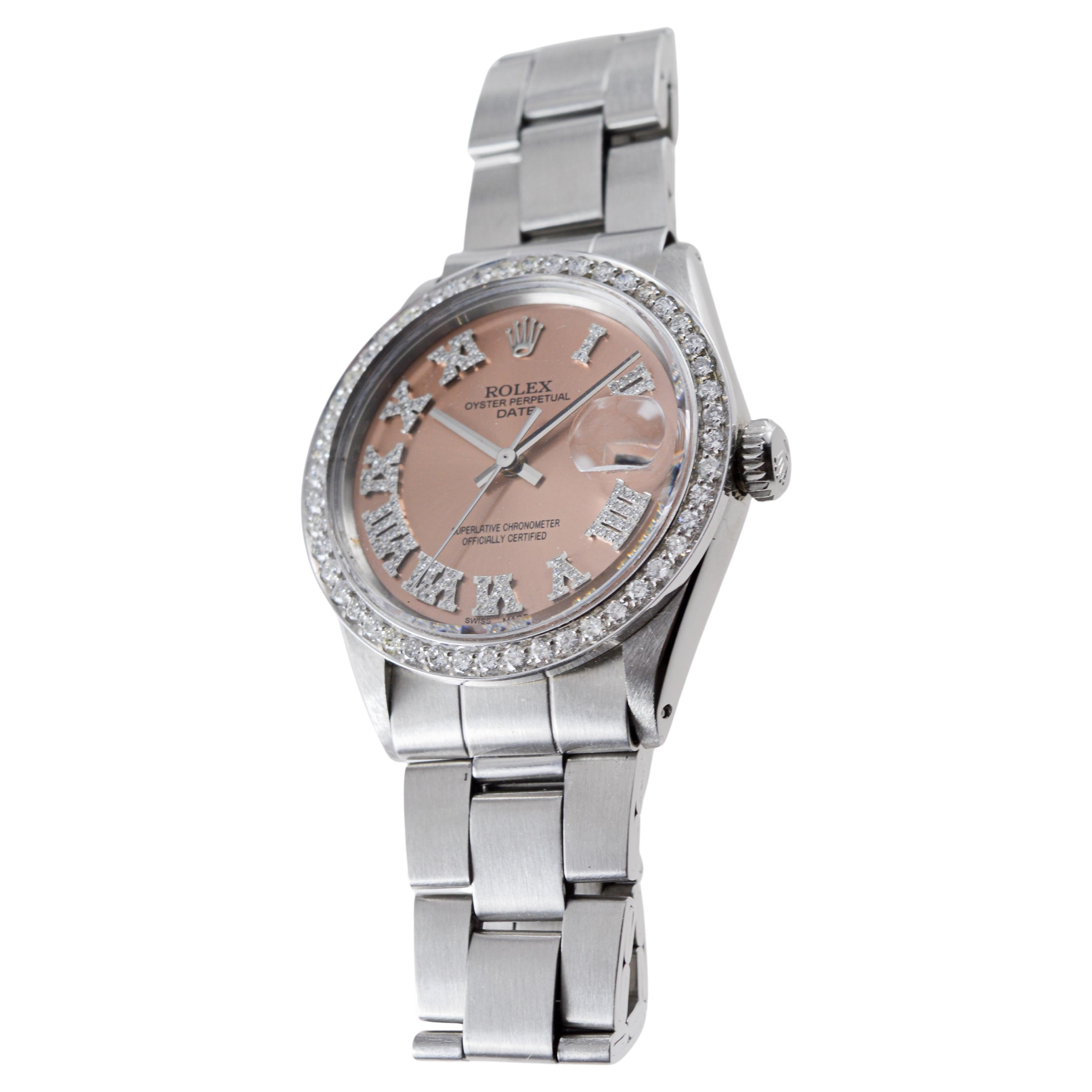 Rolex Steel Oyster Perpetual Date with Custom Copper Dial, Diamond Bezel, 1960's For Sale 1
