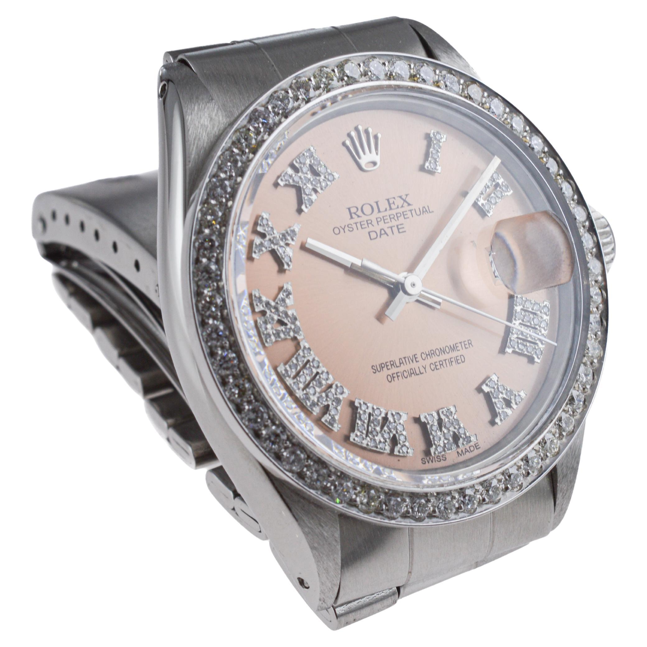 Rolex Steel Oyster Perpetual Date with Custom Copper Dial, Diamond Bezel, 1960's For Sale 2