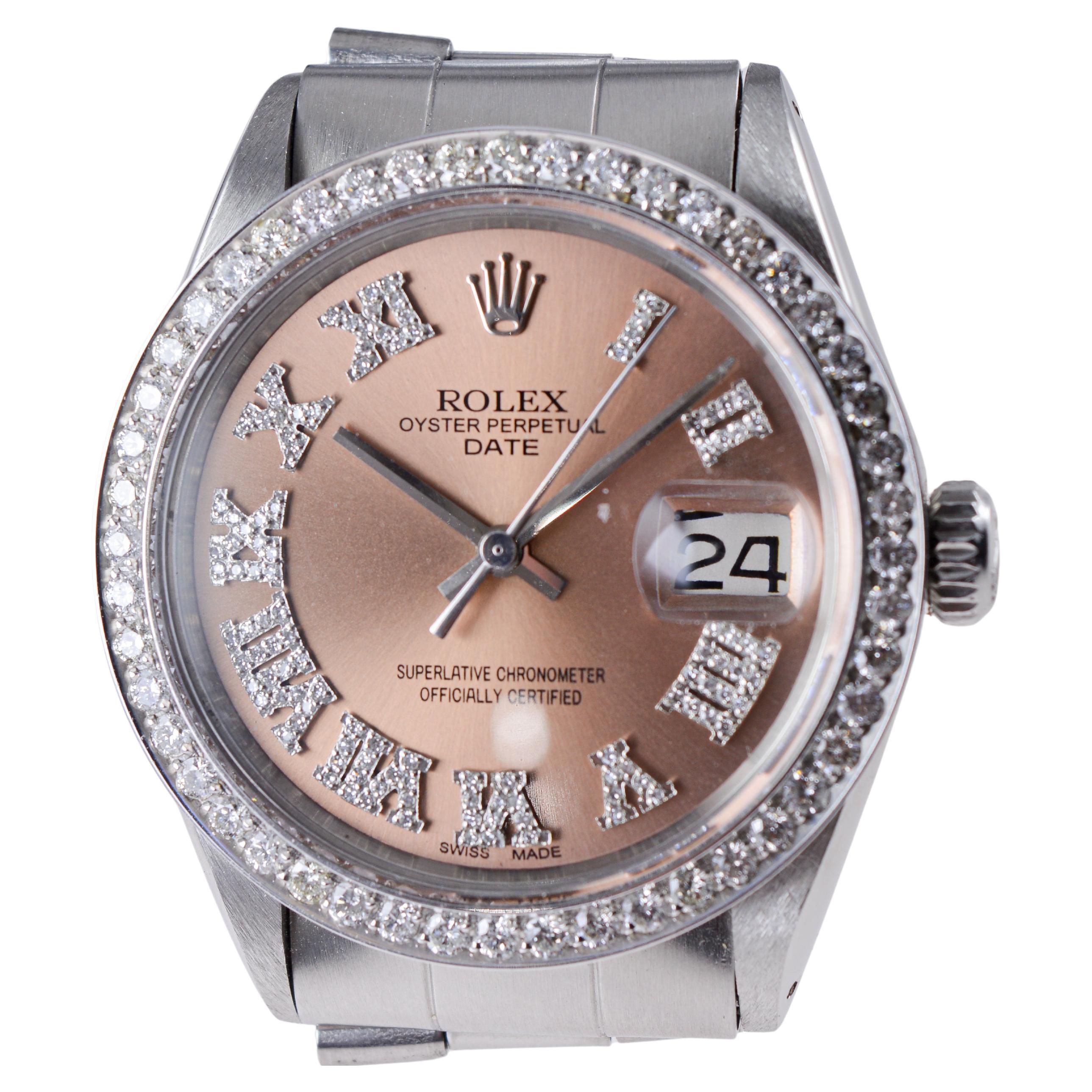 Rolex Steel Oyster Perpetual Date with Custom Copper Dial, Diamond Bezel, 1960's For Sale 3
