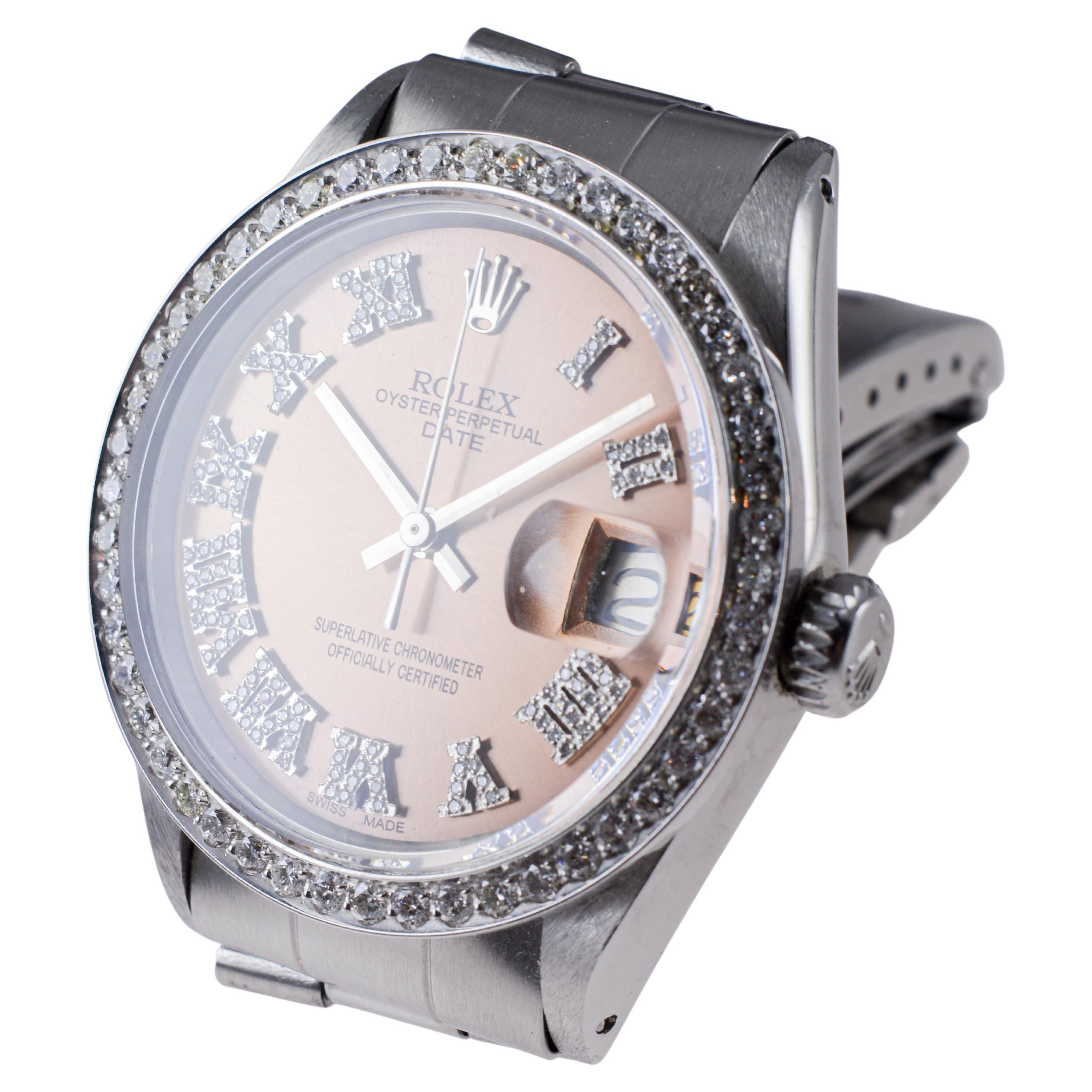 Rolex Steel Oyster Perpetual Date with Custom Copper Dial, Diamond Bezel, 1960's For Sale 4