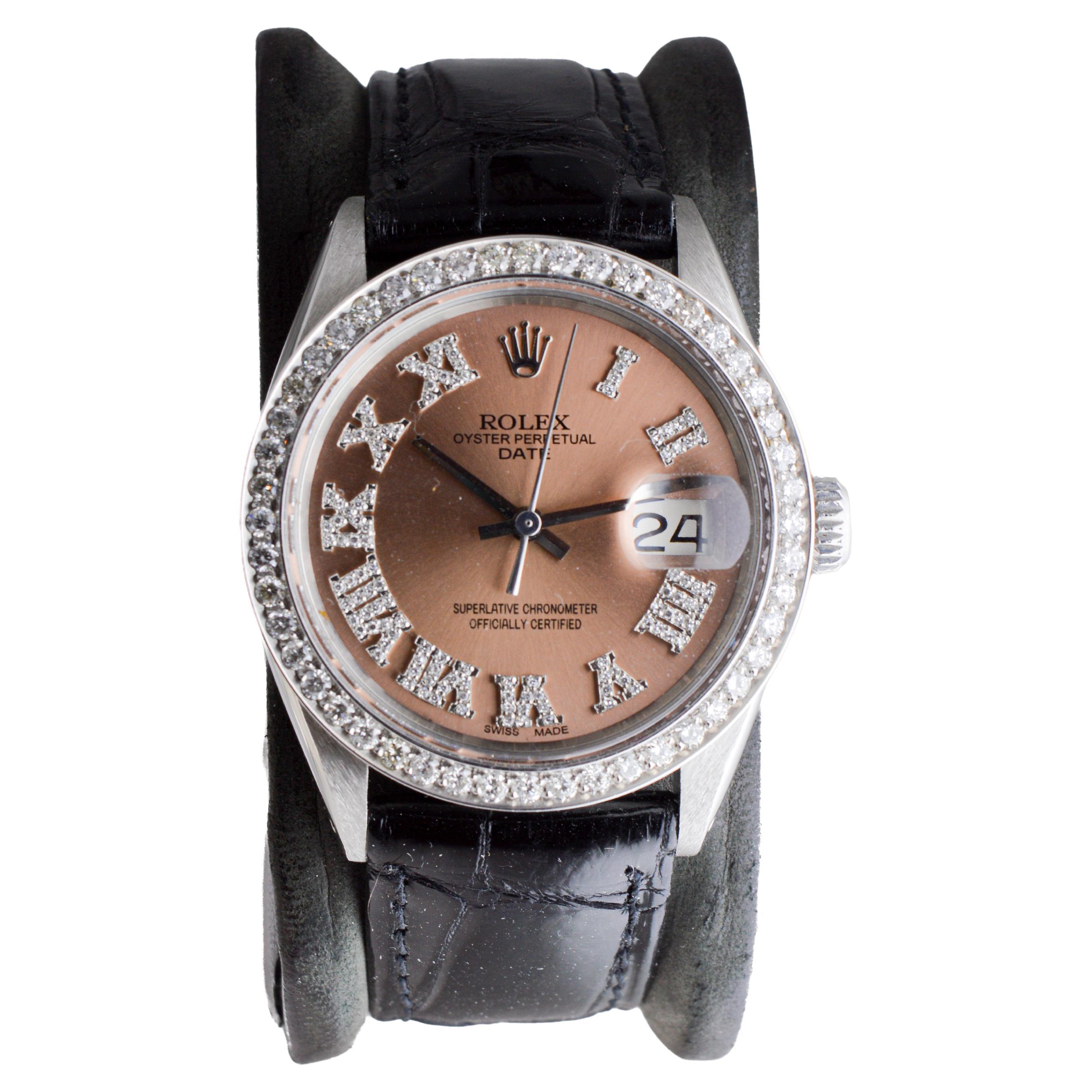 Rolex Steel Oyster Perpetual Date with Custom Copper Dial, Diamond Bezel, 1960's For Sale