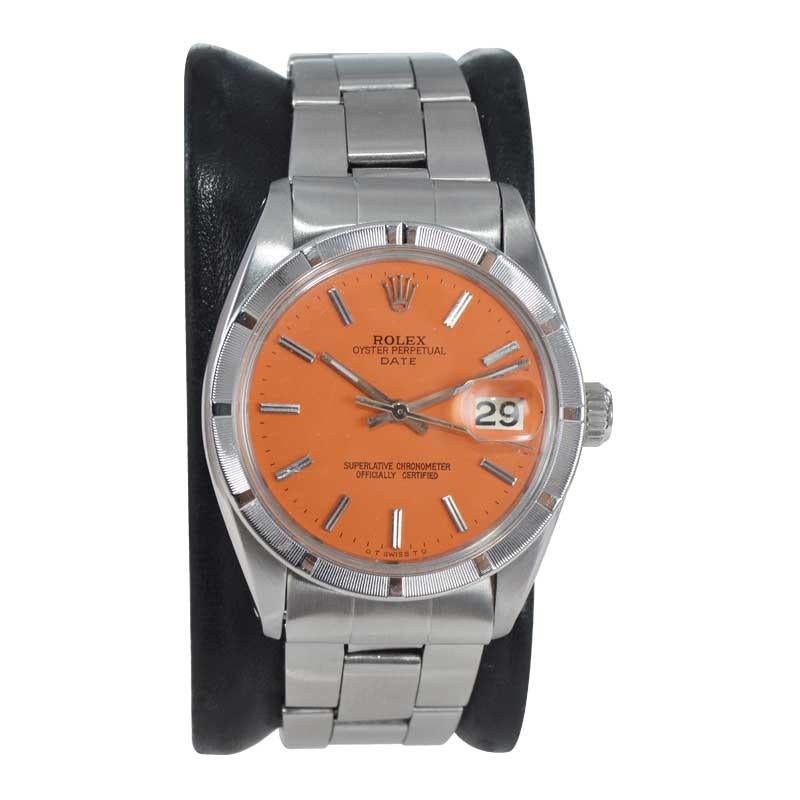 Modern Rolex Steel Oyster Perpetual Date With Custom Finished Orange Dial, circa 1970s For Sale