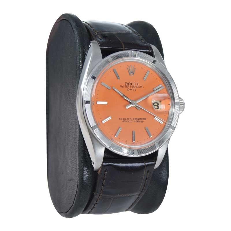 Moderne Rolex Oyster Perpetual Date en acier avec cadran orange fini sur mesure, vers les années 1970 en vente