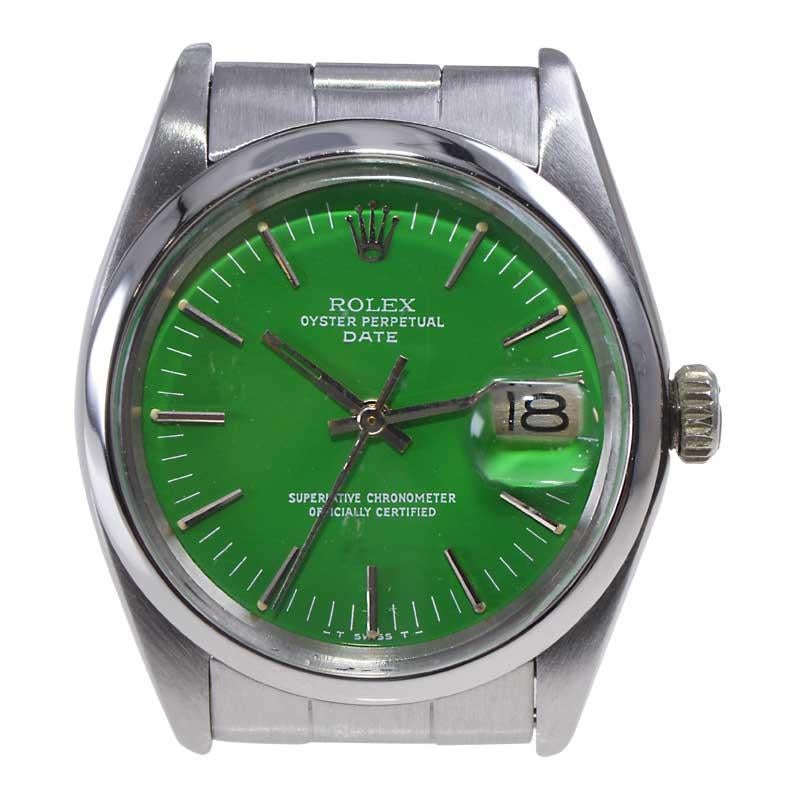 Rolex Steel Oyster Perpetual Date with Custom Green Dial, 60's / 70's In Excellent Condition For Sale In Long Beach, CA