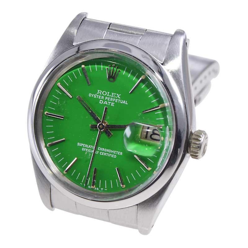 Women's or Men's Rolex Steel Oyster Perpetual Date with Custom Green Dial, 60's / 70's For Sale