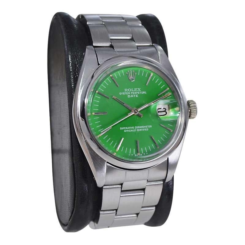 Modern Rolex Steel Oyster Perpetual Date with Custom Green Dial circa 1970's For Sale