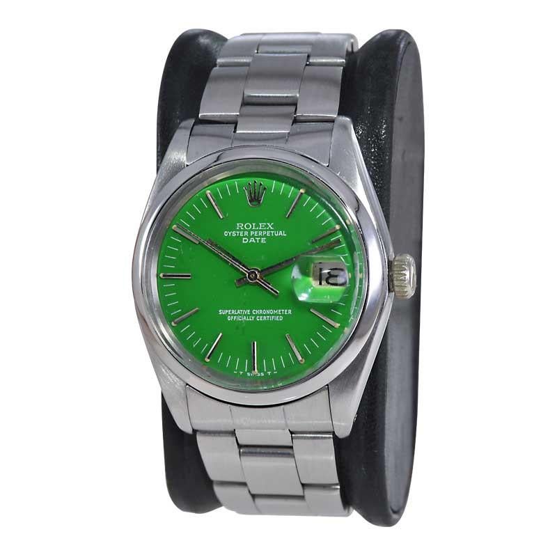 Rolex Steel Oyster Perpetual Date with Custom Green Dial circa 1970's In Excellent Condition For Sale In Long Beach, CA