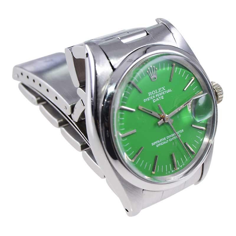 Rolex Steel Oyster Perpetual Date with Custom Green Dial circa 1970's For Sale 1