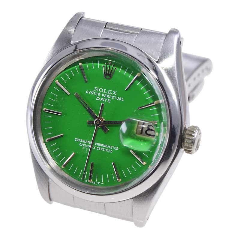 Rolex Steel Oyster Perpetual Date with Custom Green Dial circa 1970's For Sale 3