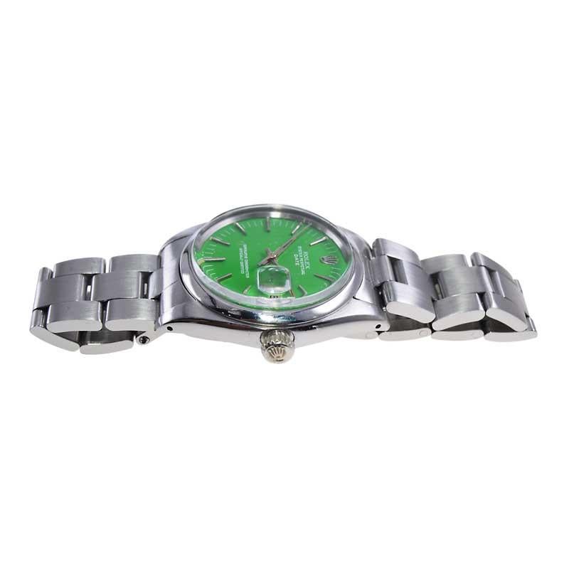 Rolex Steel Oyster Perpetual Date with Custom Green Dial circa 1970's For Sale 4