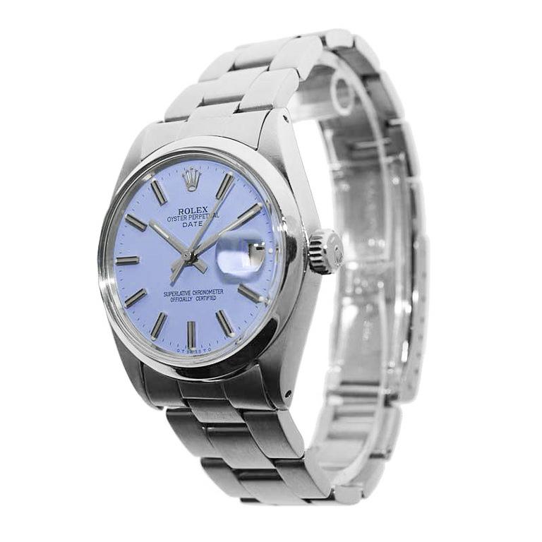 Rolex Acero Oyster Perpetual Fecha Con Esfera Lavanda Personalizada Circa 1970's en Excelente estado para la venta en Long Beach, CA