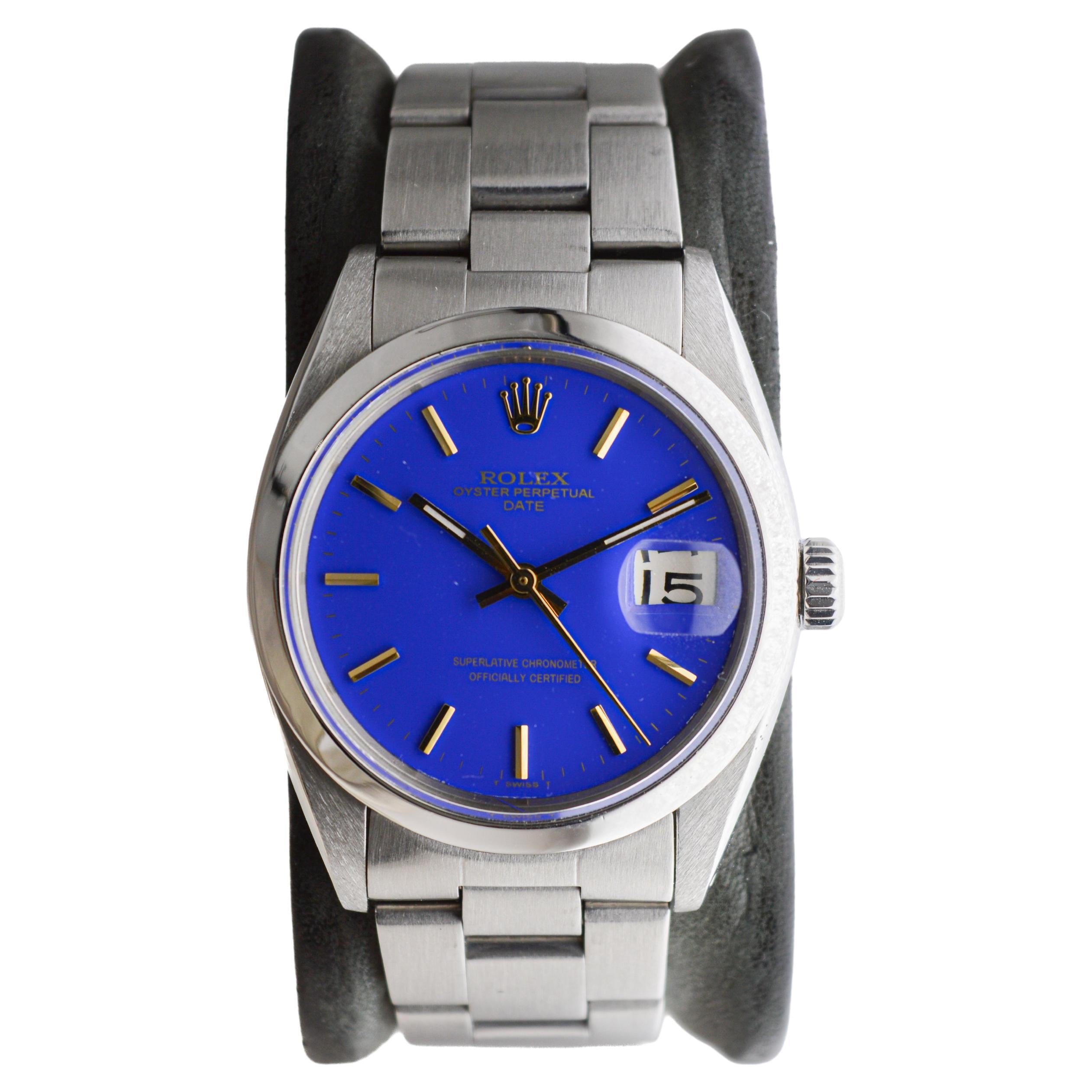Modern Rolex Steel Oyster Perpetual Date With Custom Made Deep Blue Dial circa 1960's For Sale