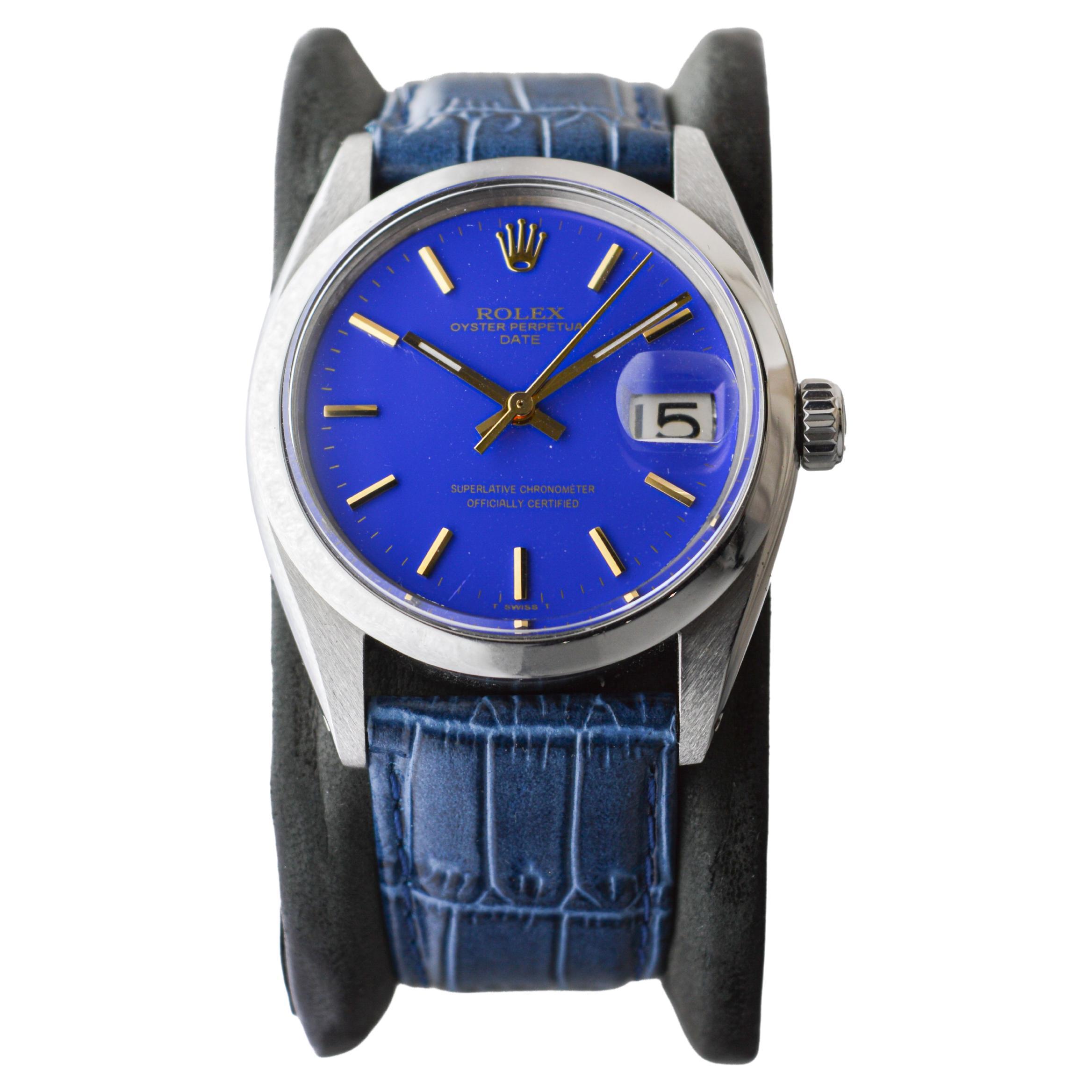 Moderne Rolex Steel Oyster Perpetual Date with Custom Made Deep Blue Dial circa 1960's en vente