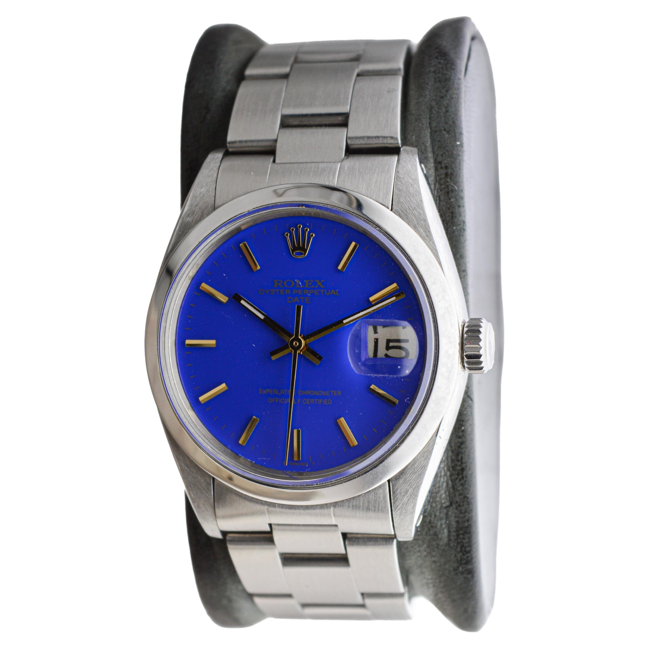 Rolex Steel Oyster Perpetual Date With Custom Made Deep Blue Dial circa 1960's In Excellent Condition For Sale In Long Beach, CA