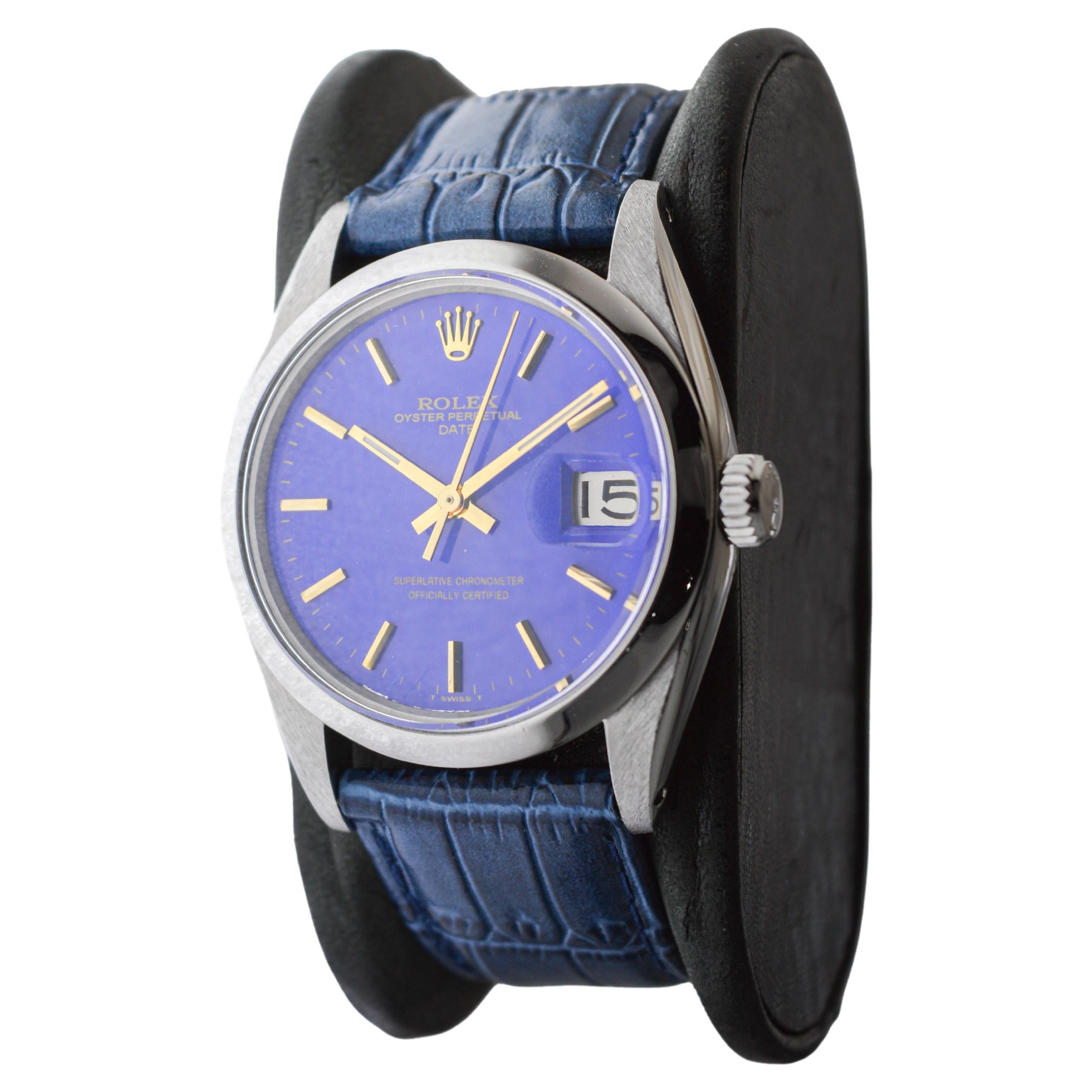 Modern Rolex Steel Oyster Perpetual Date With Custom Made Deep Blue Dial circa 1960's For Sale