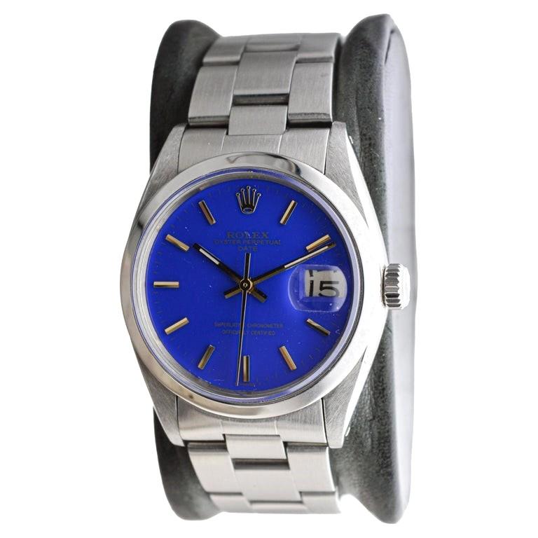 Rolex Steel Oyster Perpetual Date With Custom Made Deep Blue Dial circa 1960's In Excellent Condition In Long Beach, CA