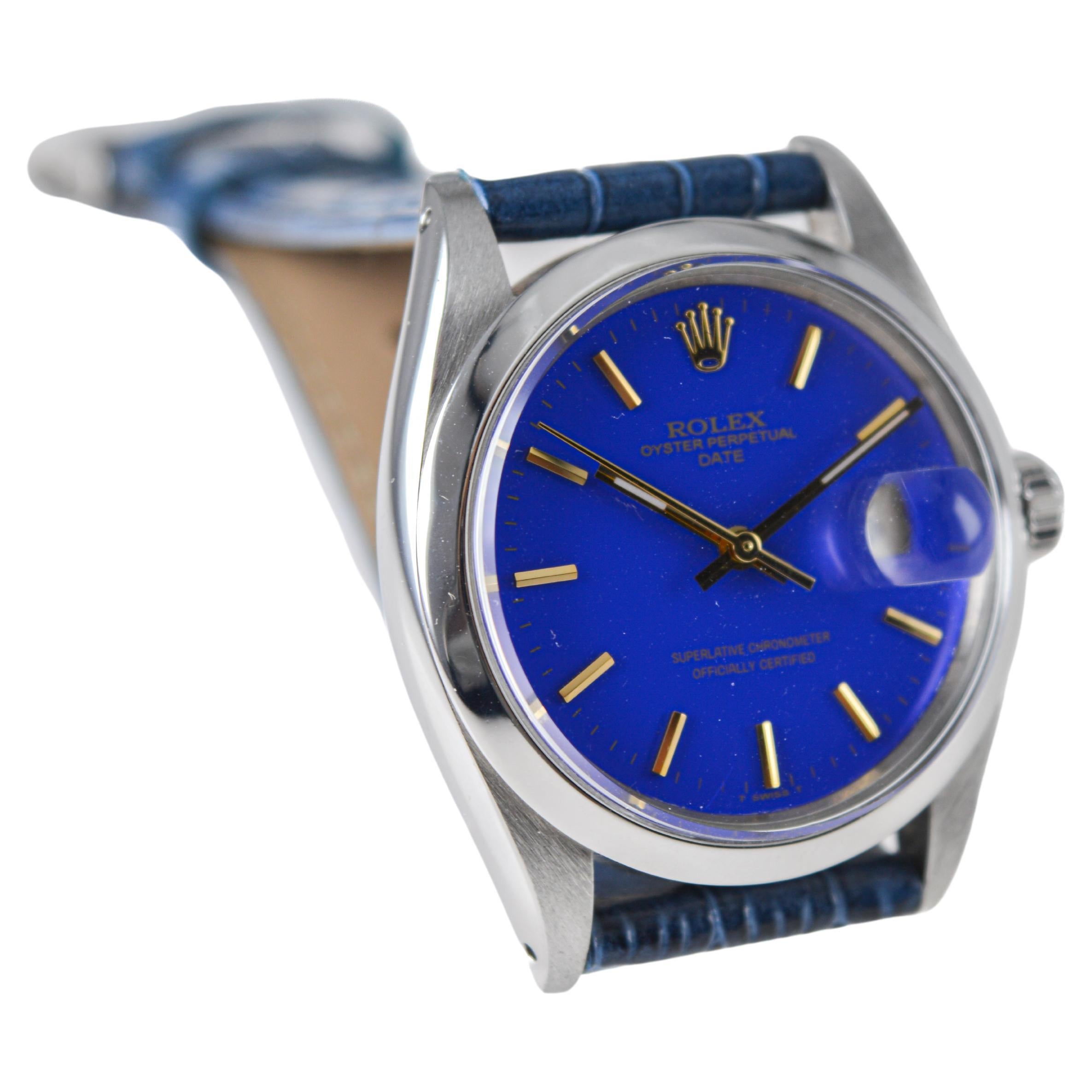 Rolex Steel Oyster Perpetual Date With Custom Made Deep Blue Dial circa 1960's In Excellent Condition For Sale In Long Beach, CA