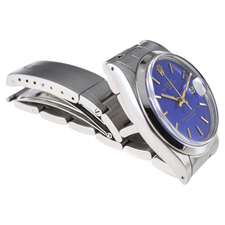 Women's or Men's Rolex Steel Oyster Perpetual Date With Custom Made Deep Blue Dial circa 1960's