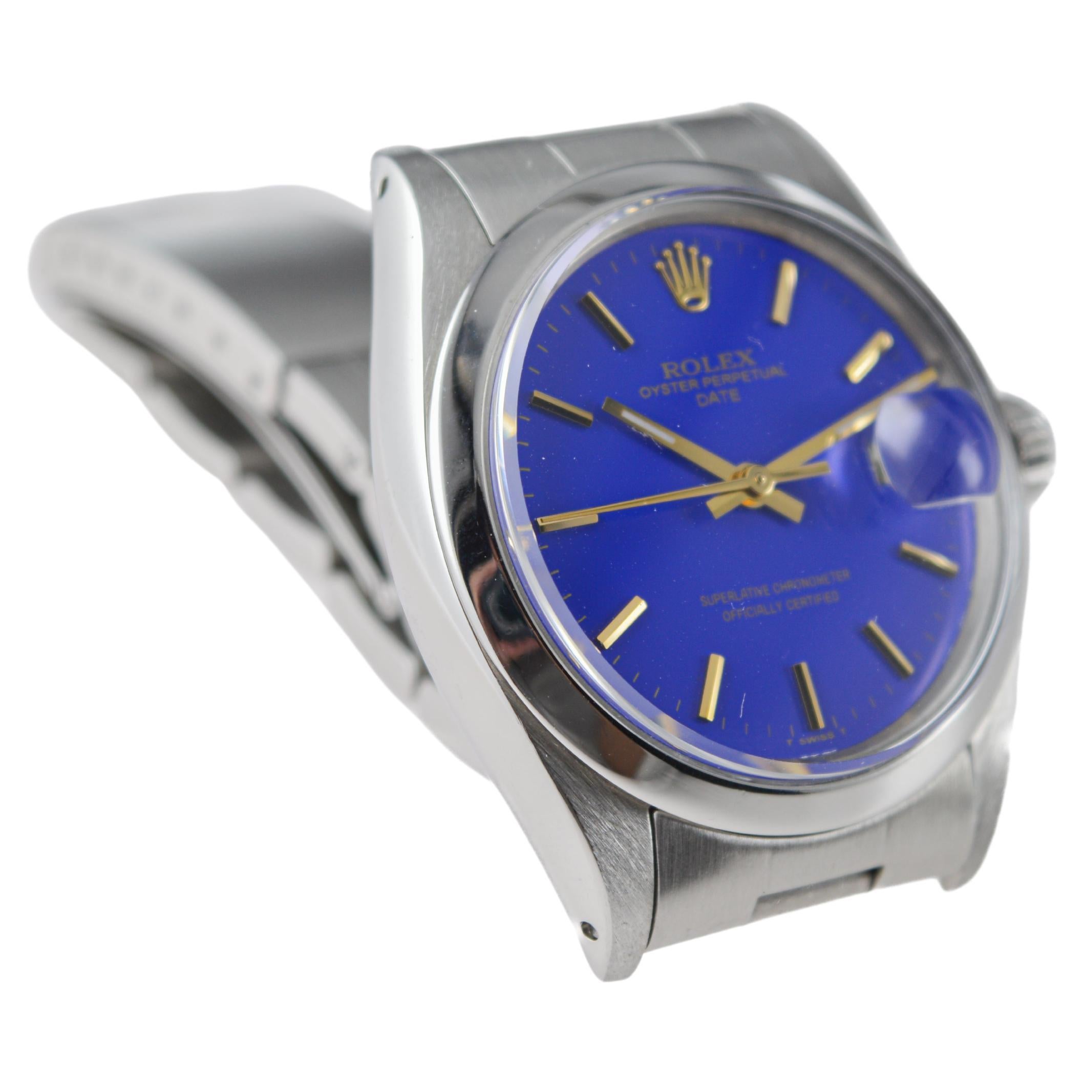 Rolex Steel Oyster Perpetual Date With Custom Made Deep Blue Dial circa 1960's For Sale 1