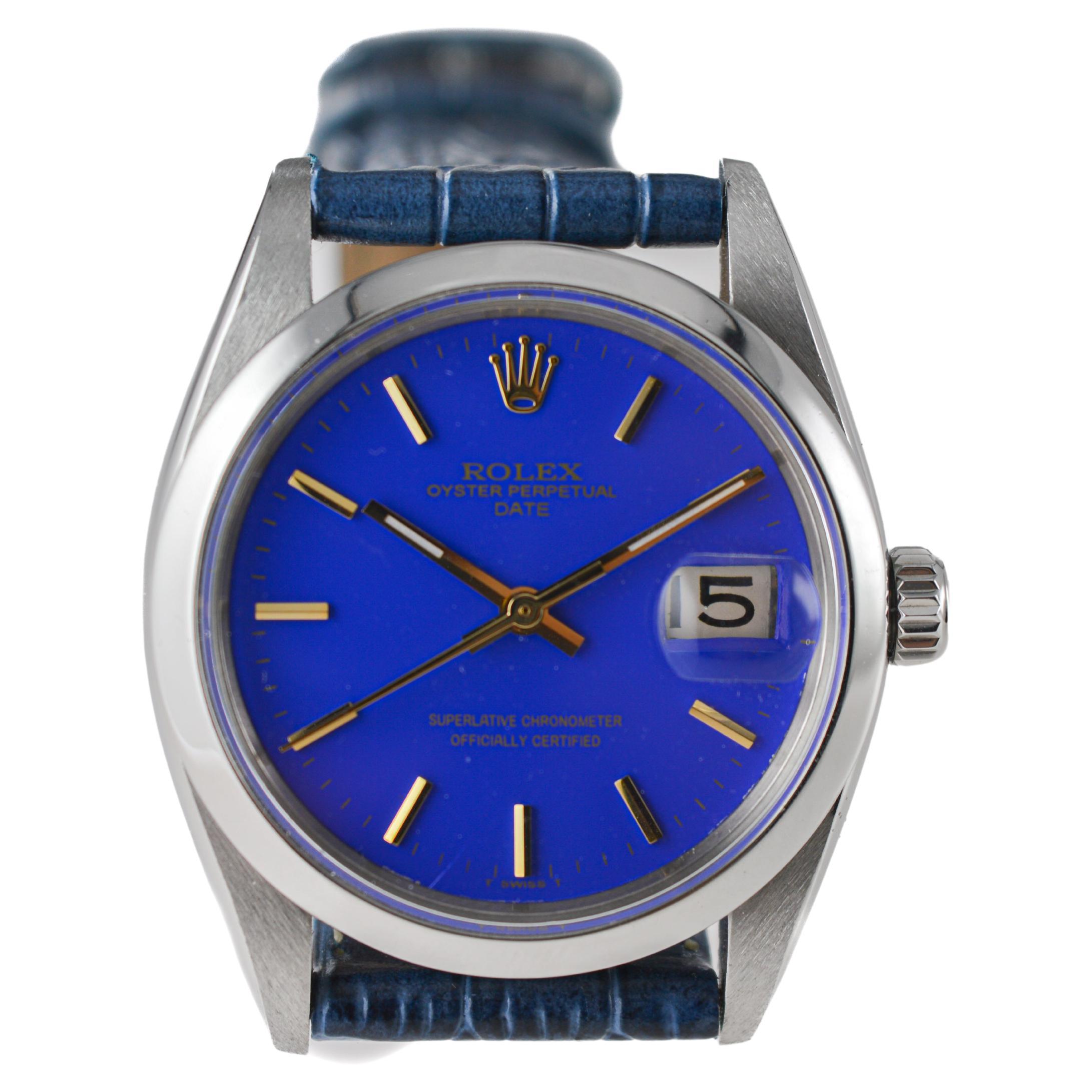 Rolex Steel Oyster Perpetual Date with Custom Made Deep Blue Dial circa 1960's en vente 1