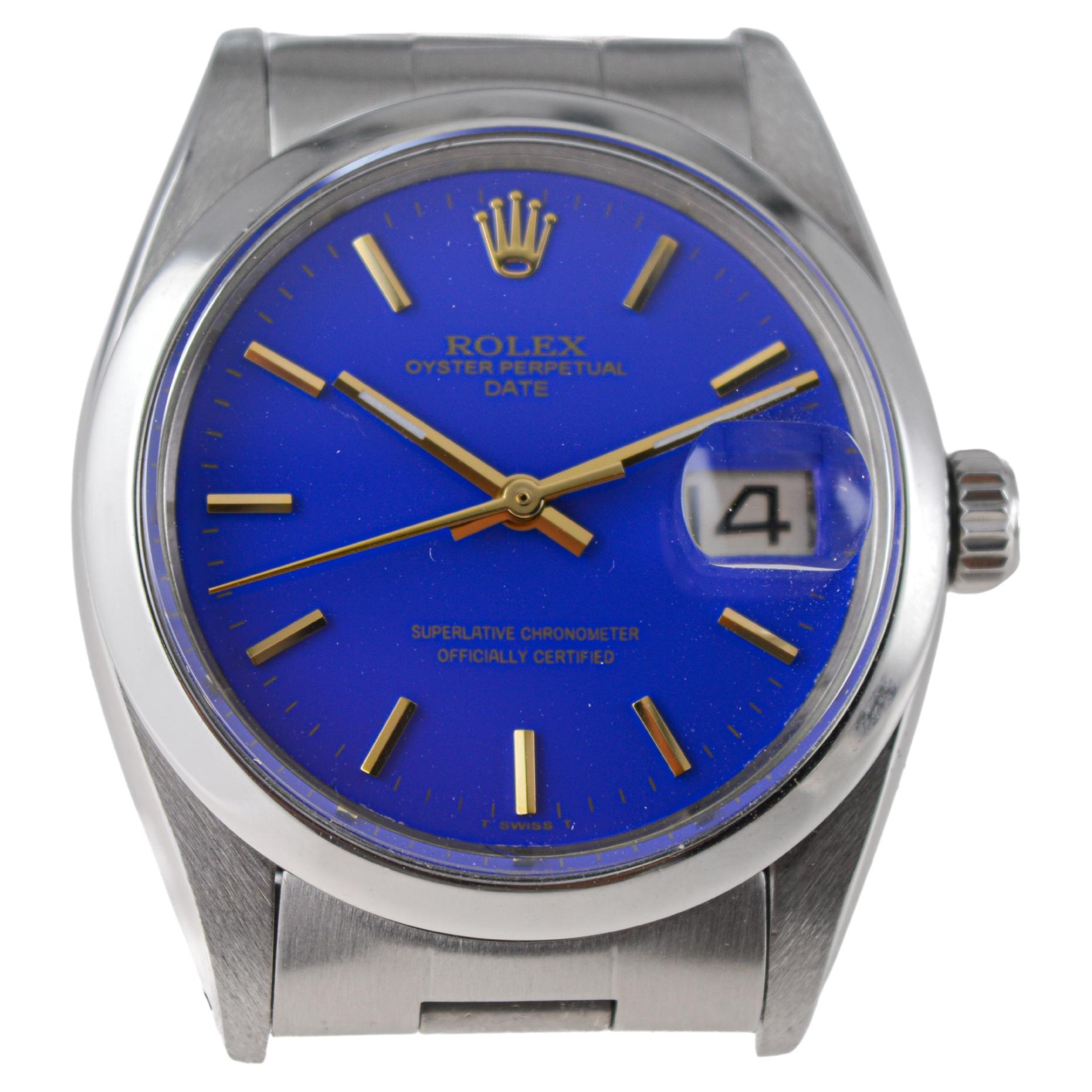 Rolex Steel Oyster Perpetual Date With Custom Made Deep Blue Dial circa 1960's For Sale 2