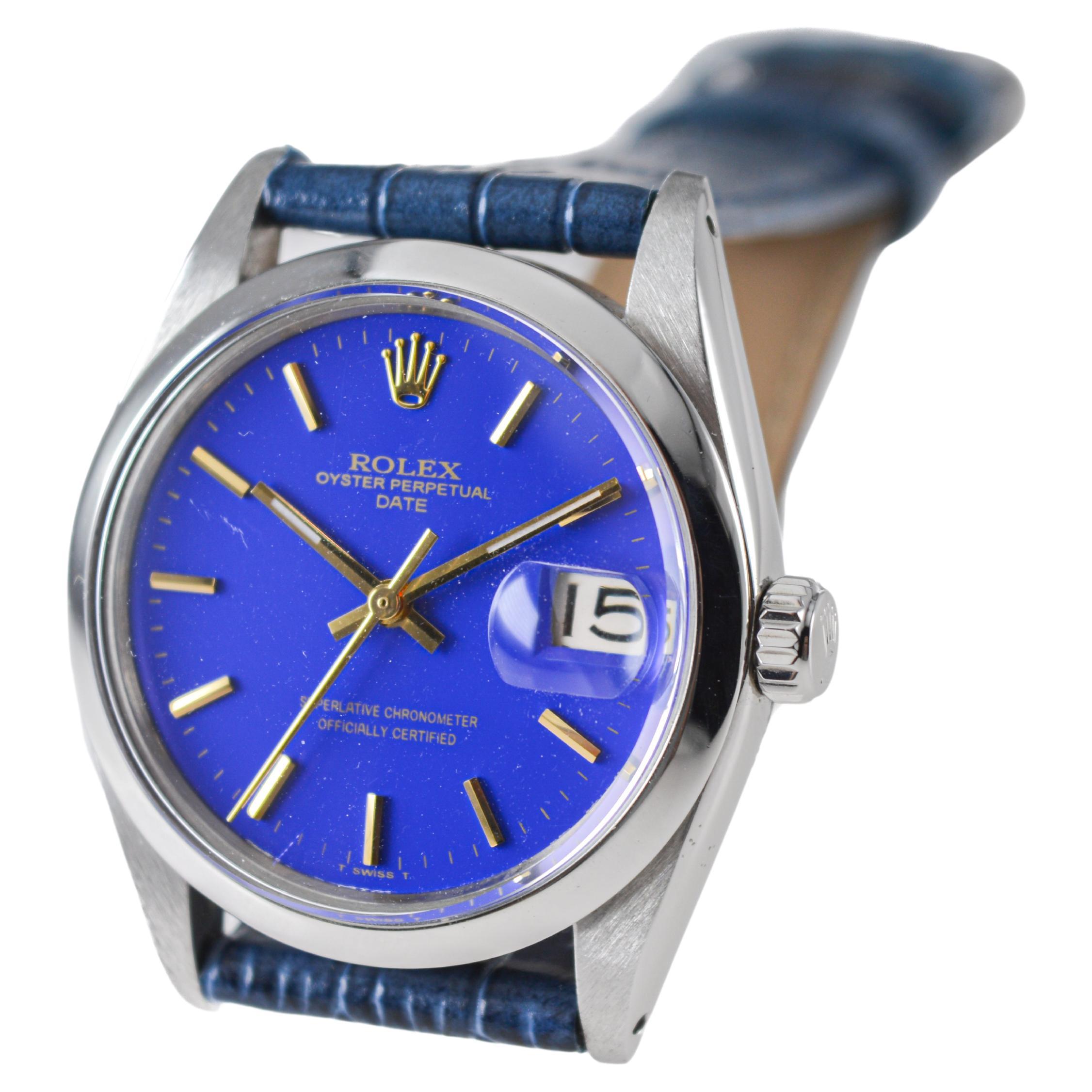 Rolex Steel Oyster Perpetual Date with Custom Made Deep Blue Dial circa 1960's en vente 2