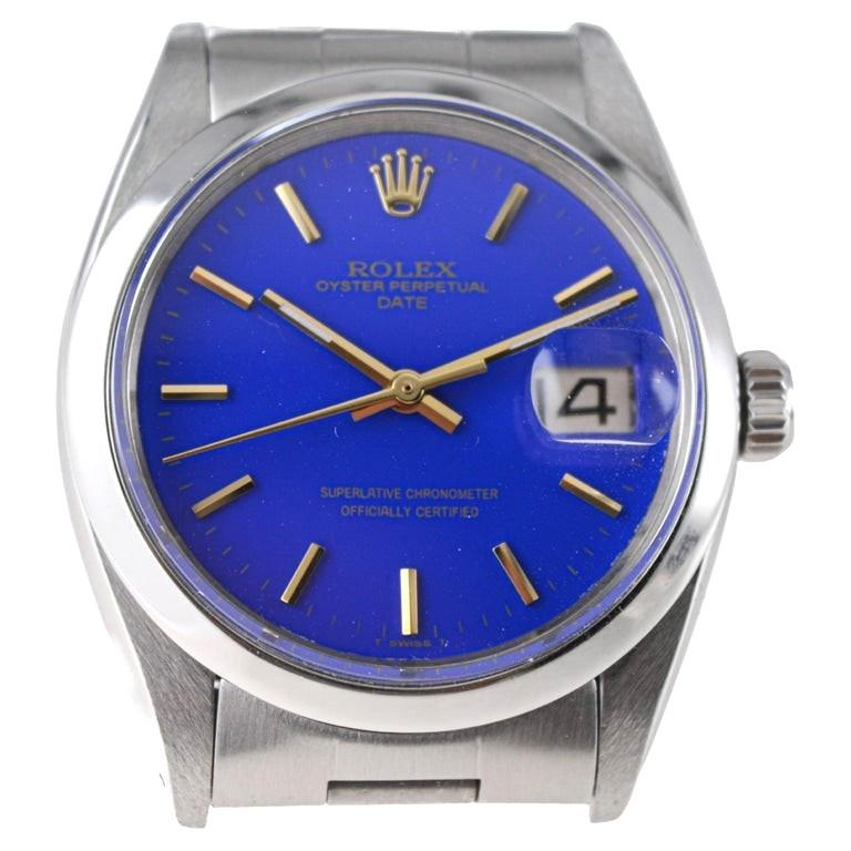 Rolex Steel Oyster Perpetual Date With Custom Made Deep Blue Dial circa 1960's 2