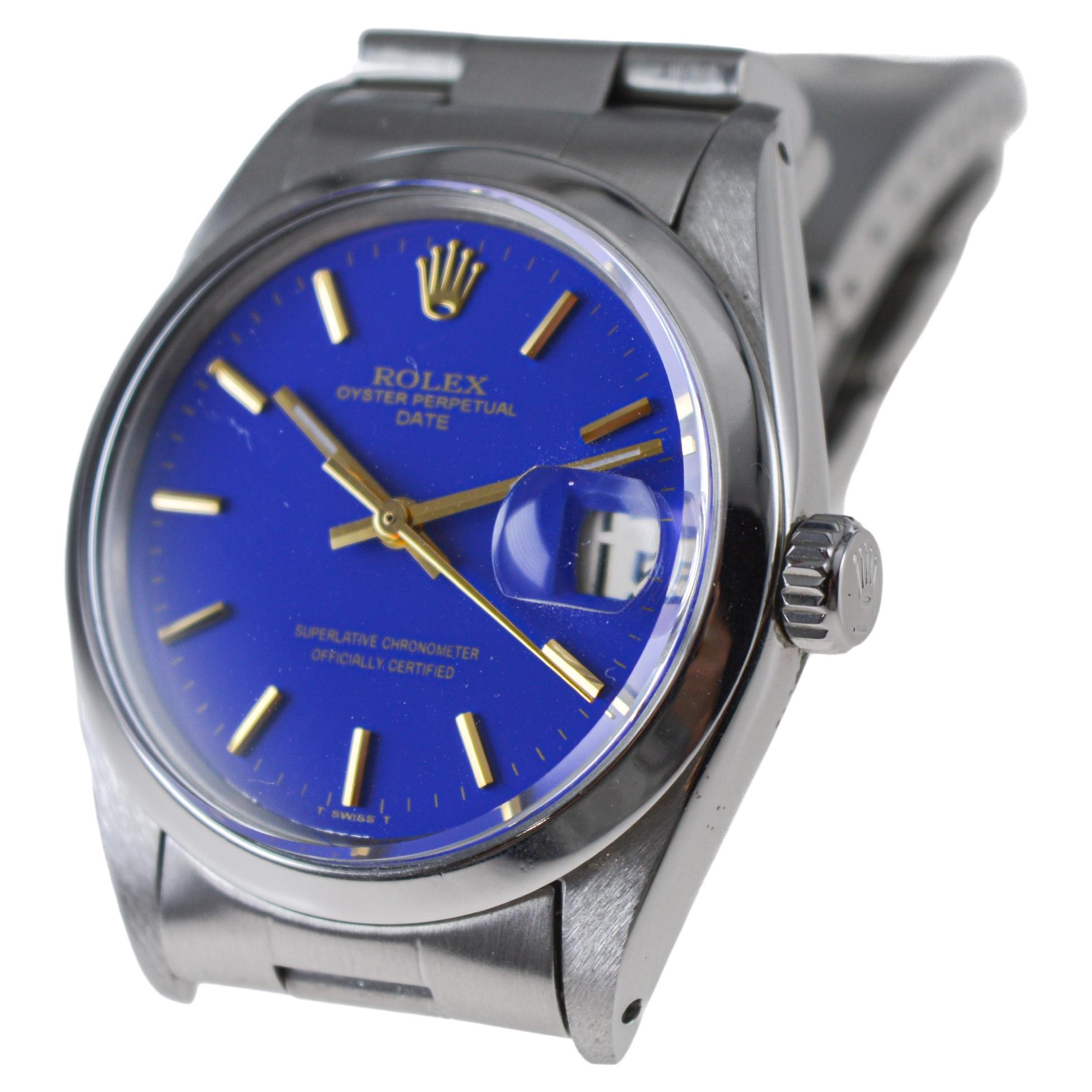 Rolex Steel Oyster Perpetual Date With Custom Made Deep Blue Dial circa 1960's For Sale 3