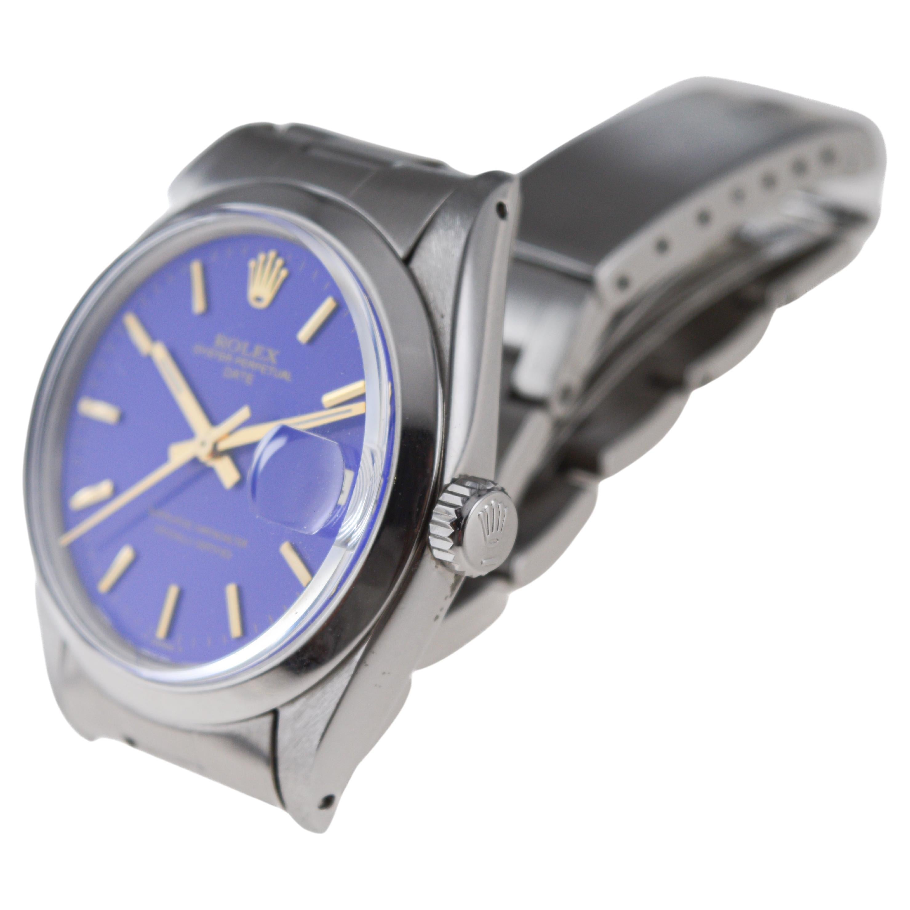 Rolex Steel Oyster Perpetual Date With Custom Made Deep Blue Dial circa 1960's For Sale 4