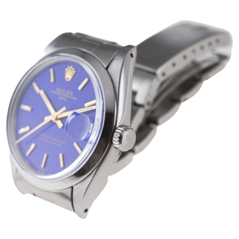 Rolex Steel Oyster Perpetual Date With Custom Made Deep Blue Dial circa 1960's 4