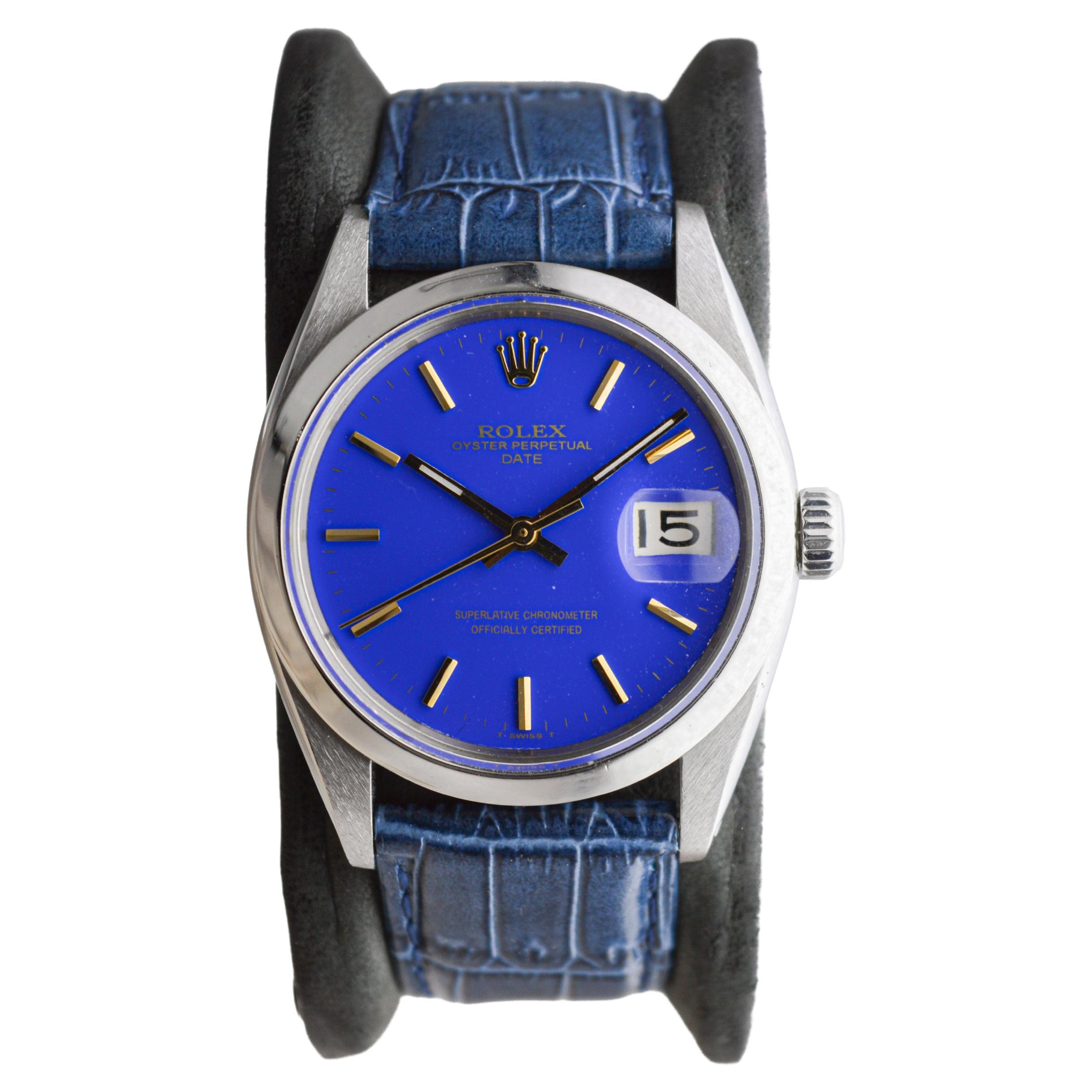Rolex Steel Oyster Perpetual Date with Custom Made Deep Blue Dial circa 1960's en vente