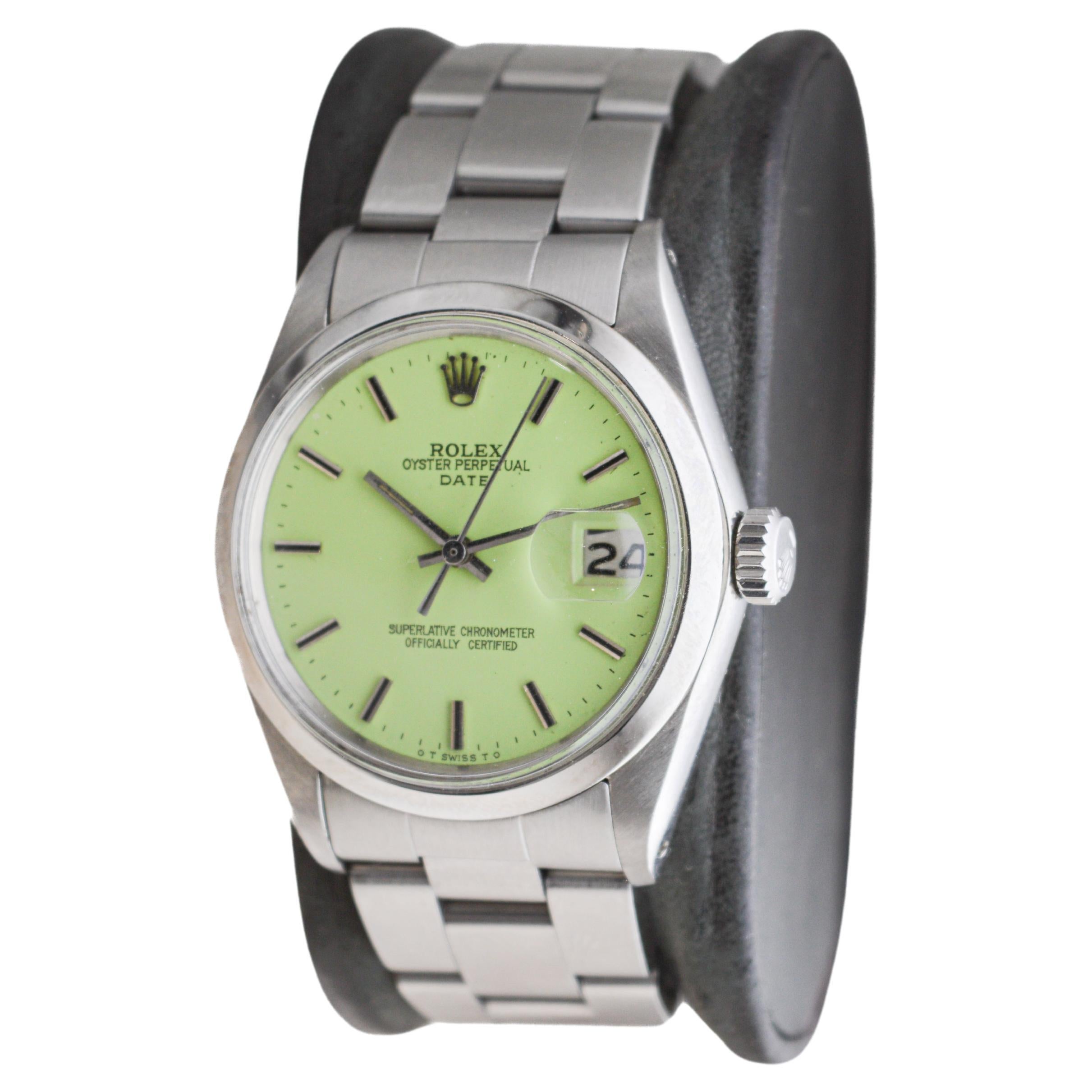 Rolex Steel Oyster Perpetual Date With Custom Made Light Green Dial circa 1970's In Excellent Condition For Sale In Long Beach, CA