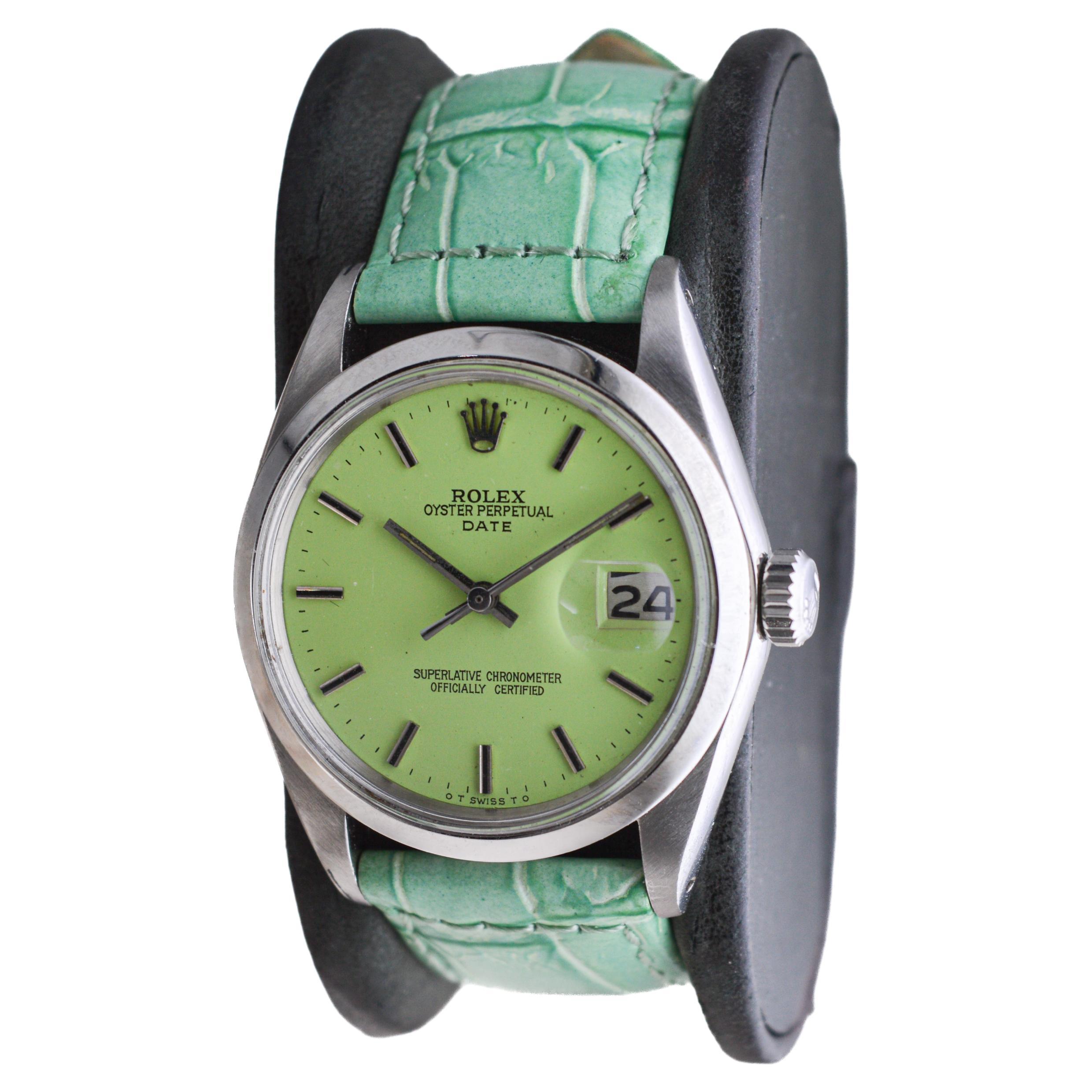 Rolex Steel Oyster Perpetual Date With Custom Made Light Green Dial circa 1970's In Excellent Condition For Sale In Long Beach, CA