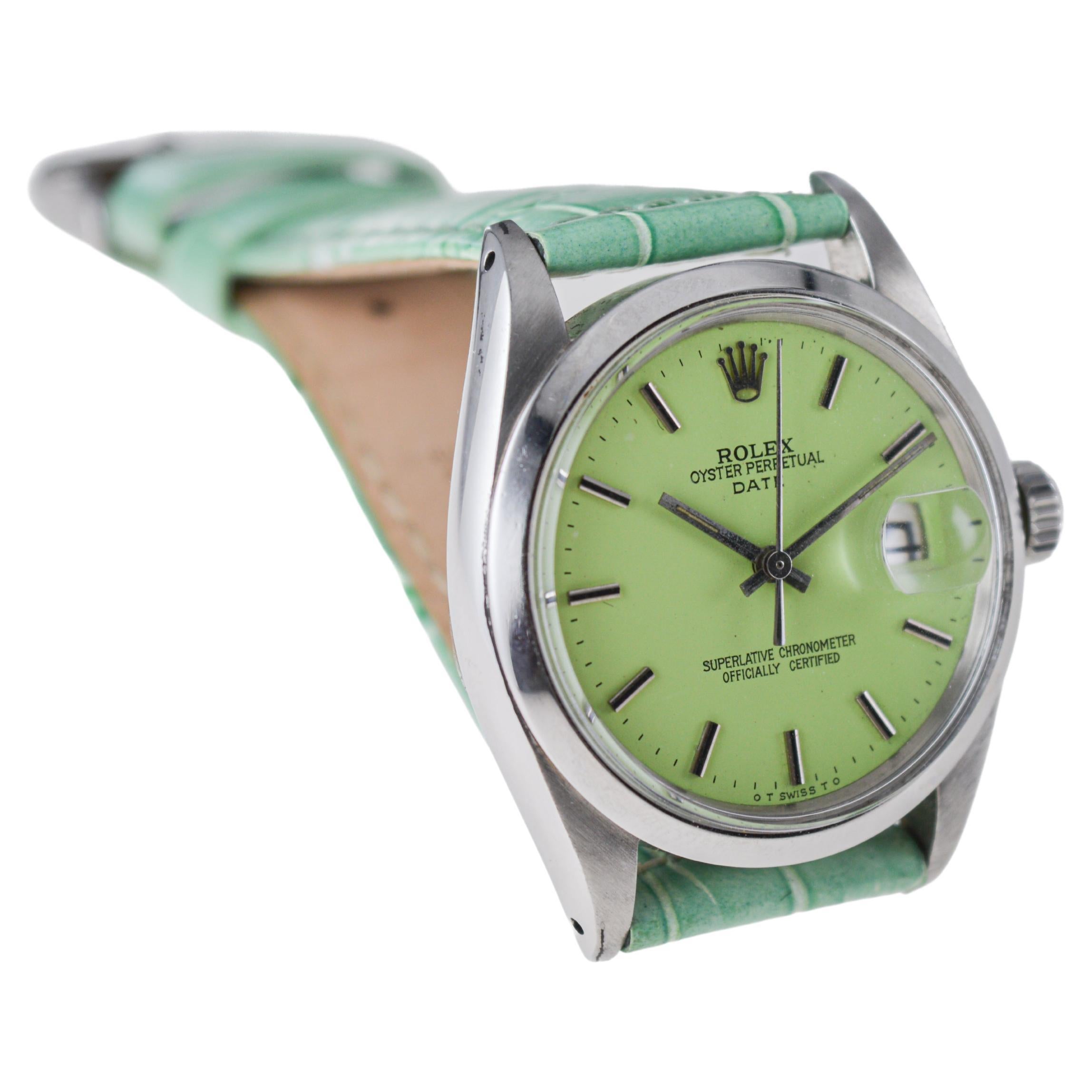 Women's or Men's Rolex Steel Oyster Perpetual Date With Custom Made Light Green Dial circa 1970's For Sale