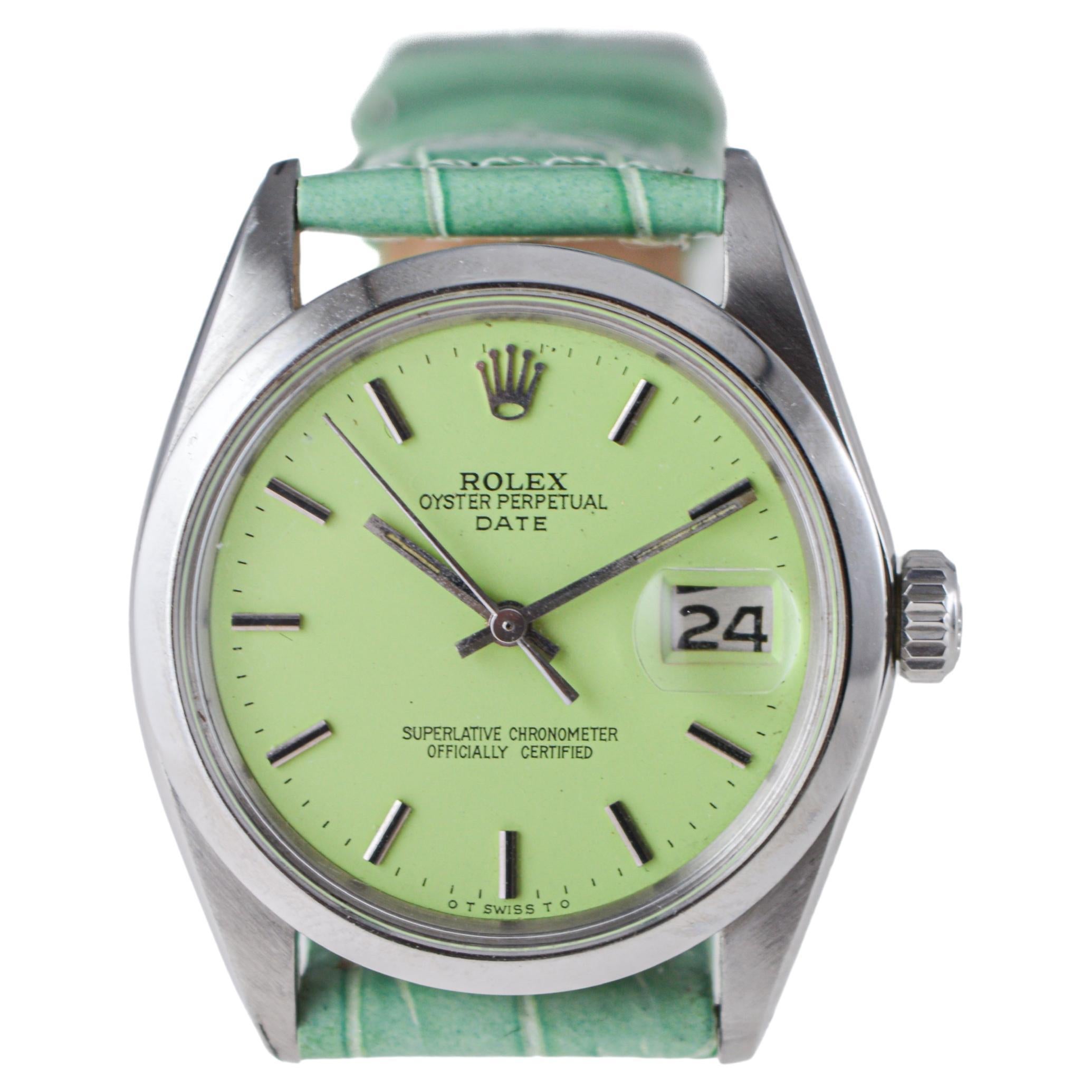 Rolex Steel Oyster Perpetual Date With Custom Made Light Green Dial circa 1970's For Sale 1