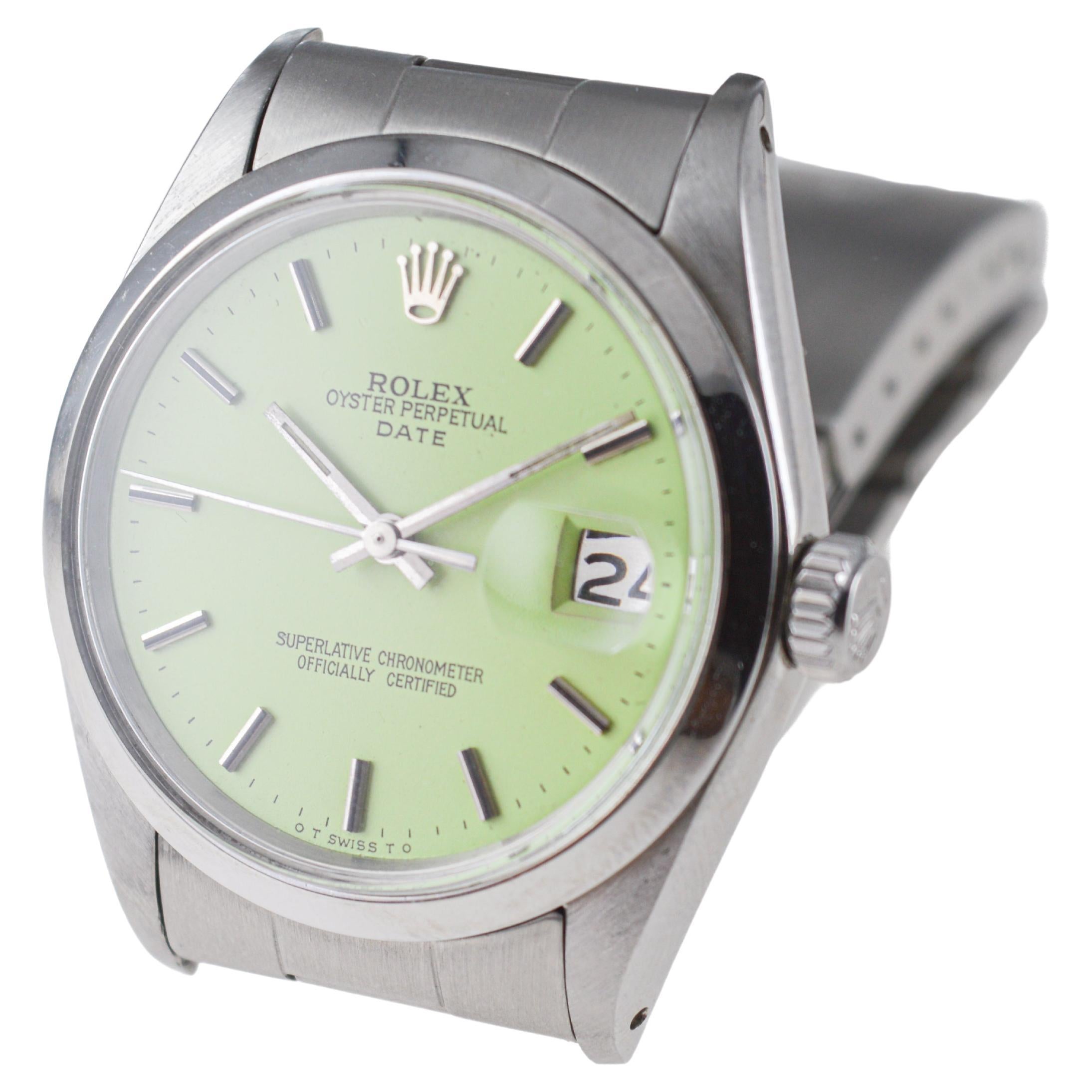 Rolex Steel Oyster Perpetual Date With Custom Made Light Green Dial circa 1970's For Sale 2