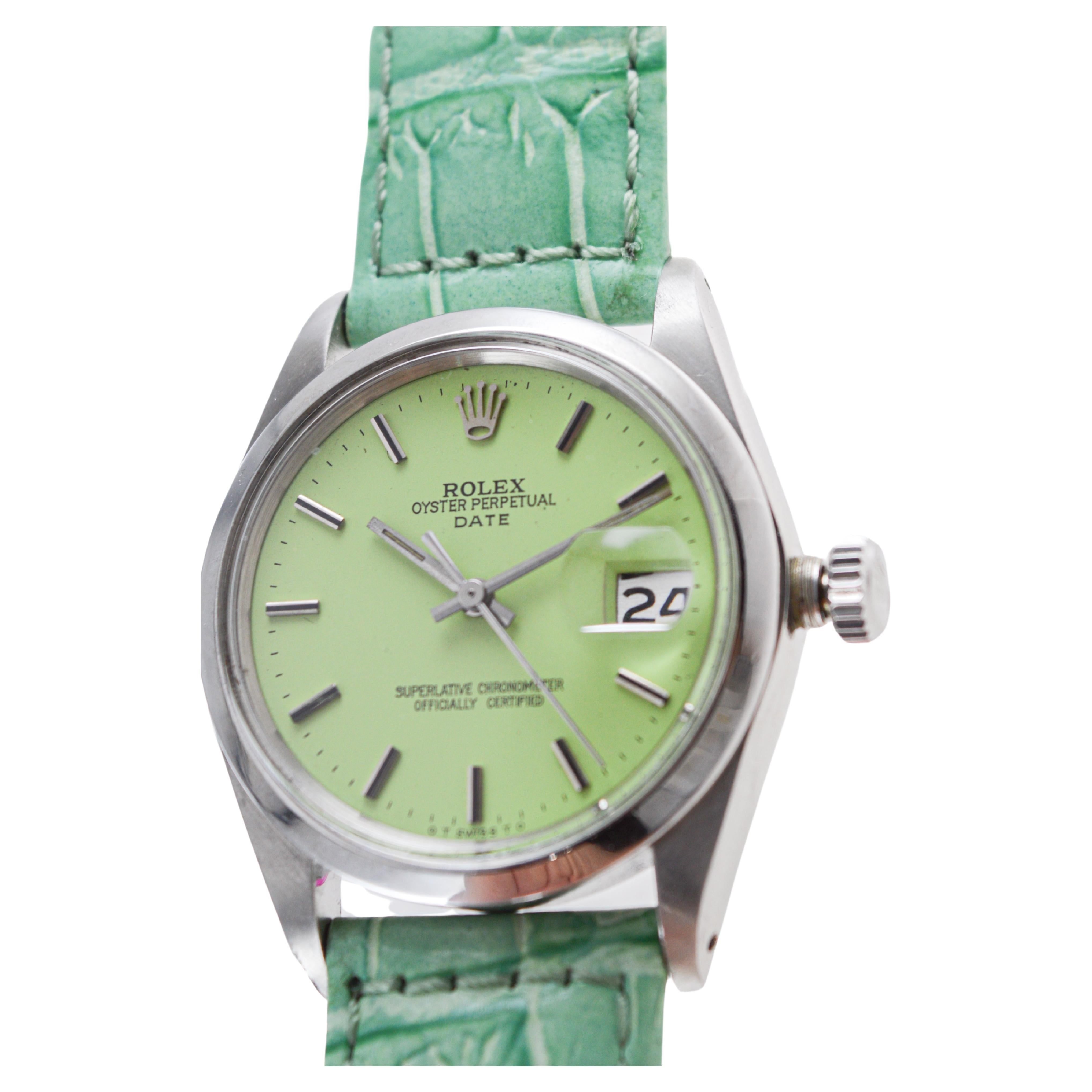 Rolex Steel Oyster Perpetual Date With Custom Made Light Green Dial circa 1970's For Sale 3