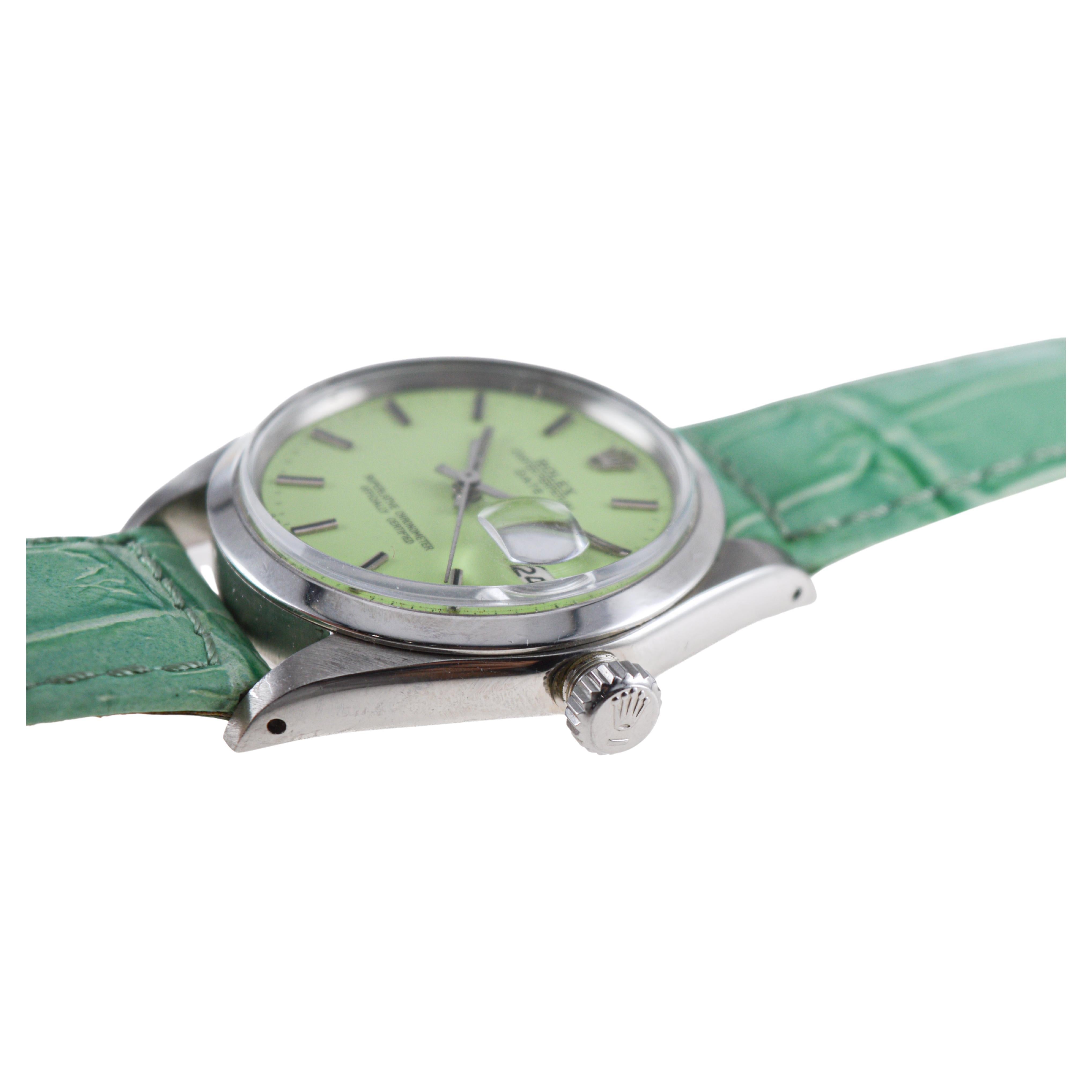 Rolex Steel Oyster Perpetual Date With Custom Made Light Green Dial circa 1970's For Sale 4