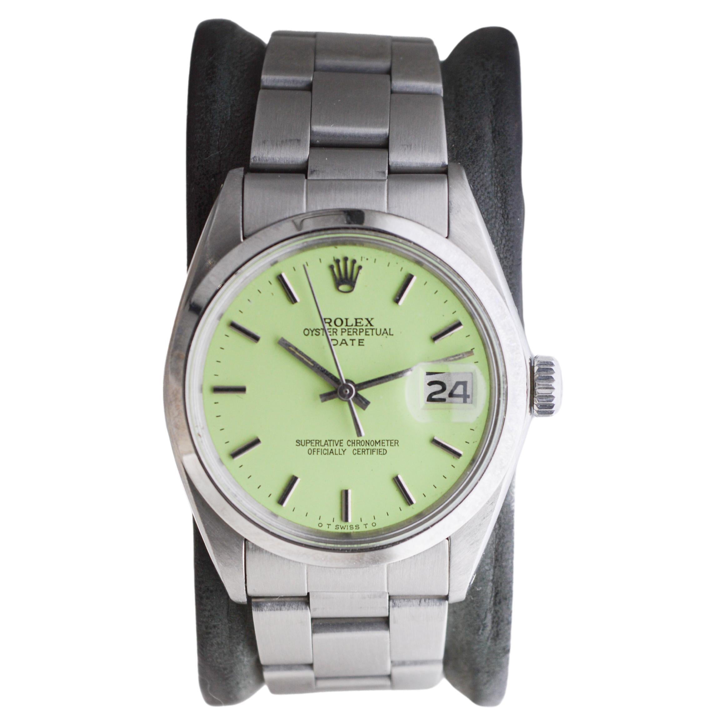 Rolex Steel Oyster Perpetual Date With Custom Made Light Green Dial circa 1970's For Sale