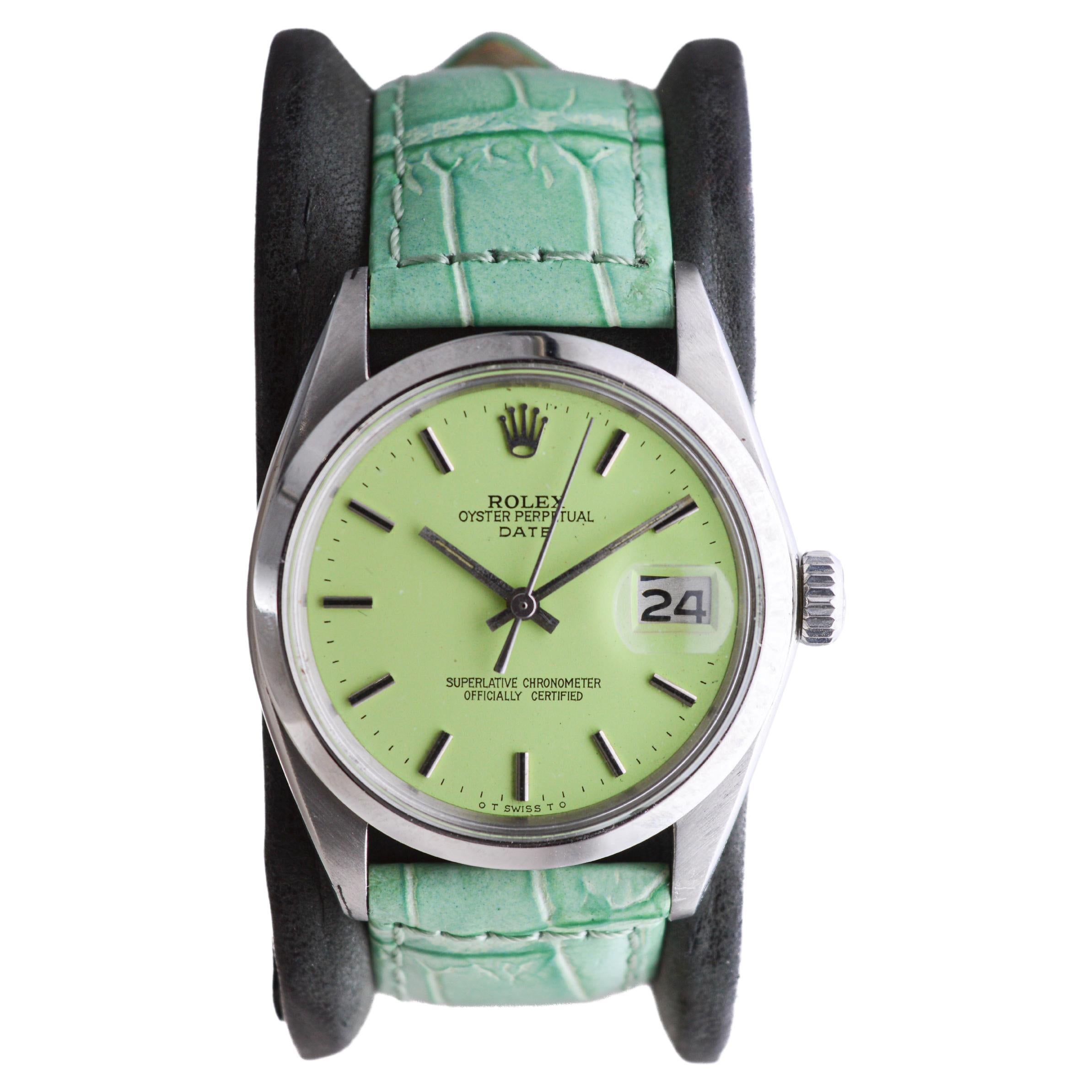 Rolex Steel Oyster Perpetual Date With Custom Made Light Green Dial circa 1970's For Sale