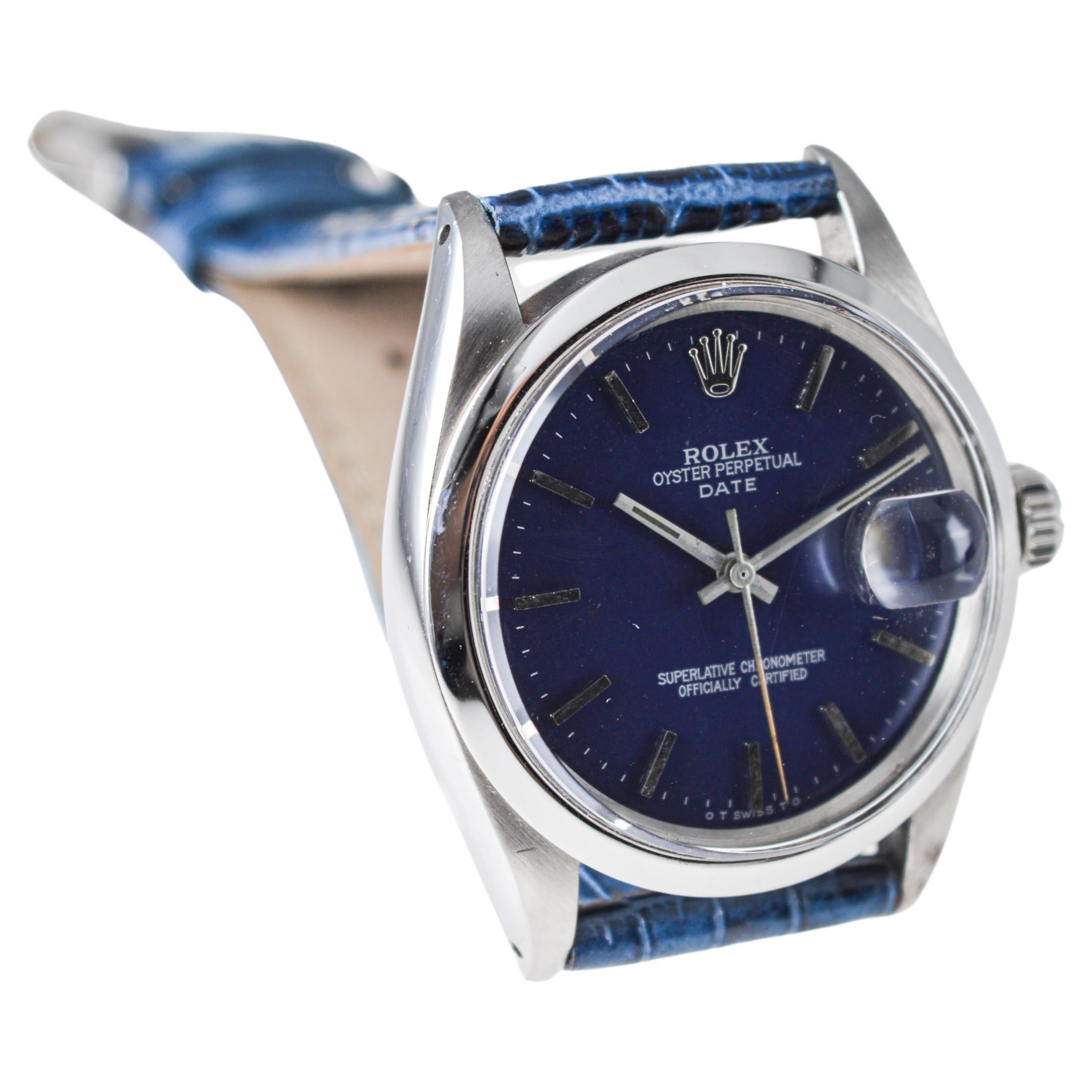 Rolex Steel Oyster Perpetual Date with Custom Made Navy Blue Dial circa, 1970's For Sale 4