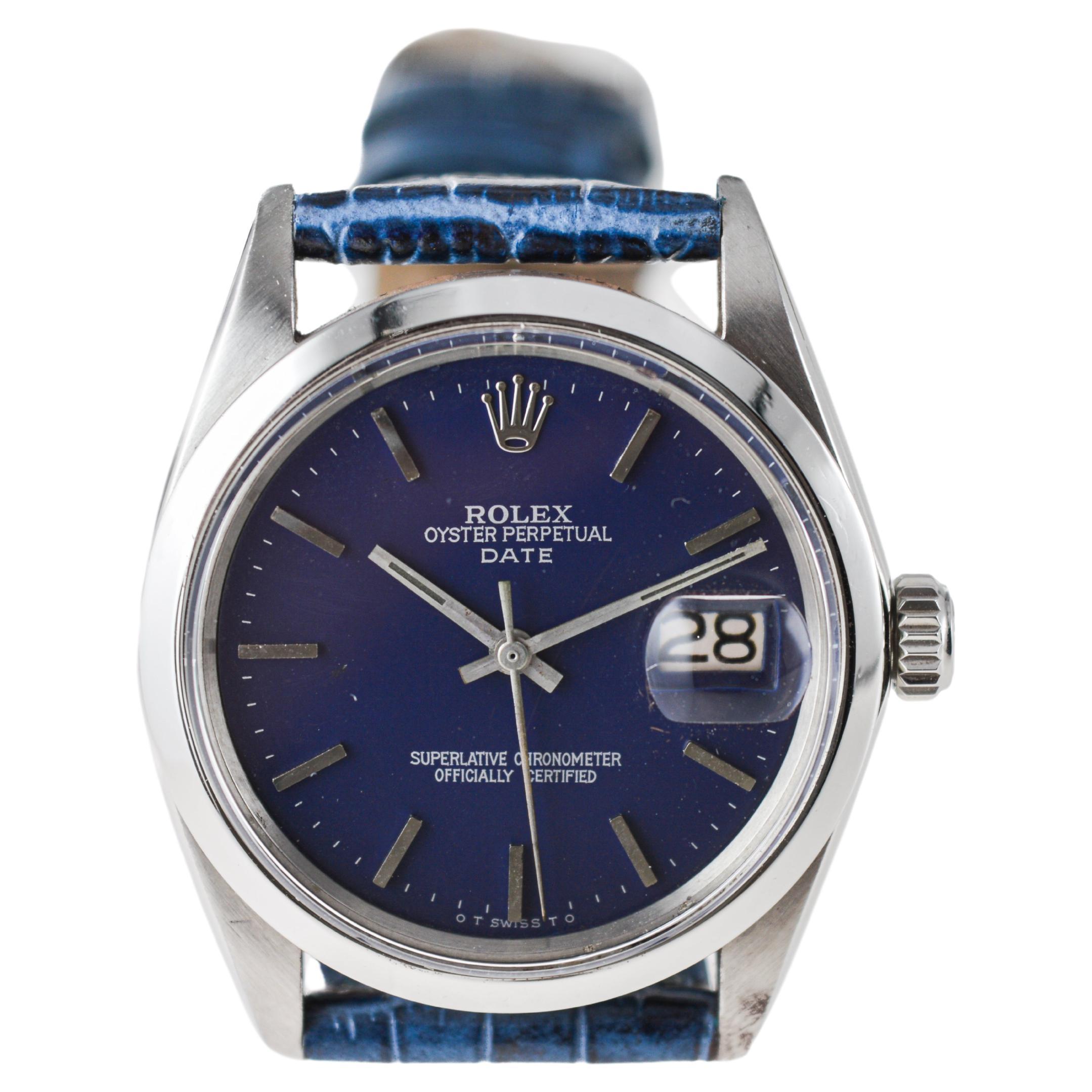 Rolex Steel Oyster Perpetual Date with Custom Made Navy Blue Dial circa, 1970's For Sale 6