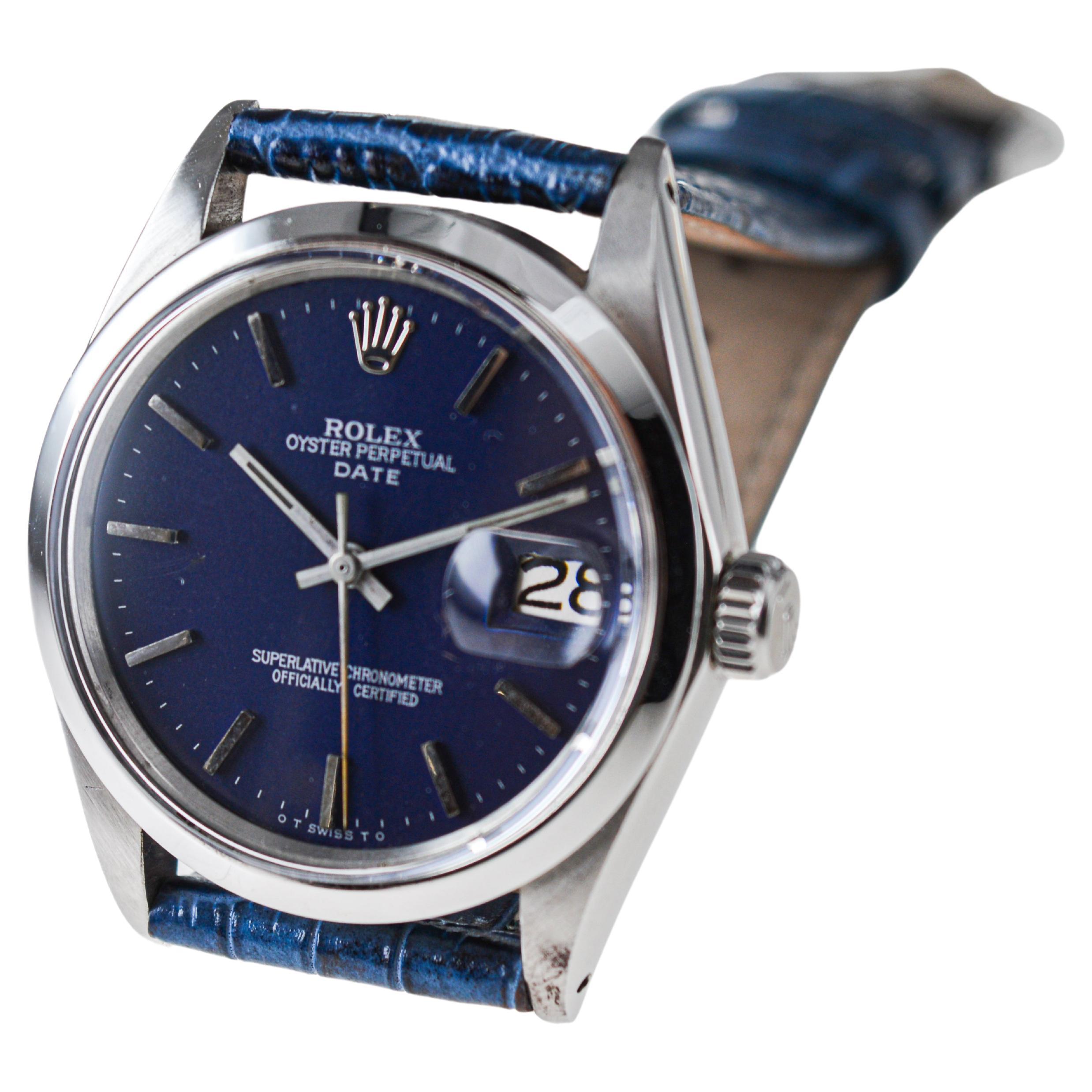 Rolex Steel Oyster Perpetual Date avec cadran bleu marine fait sur mesure circa, 1970's en vente 6