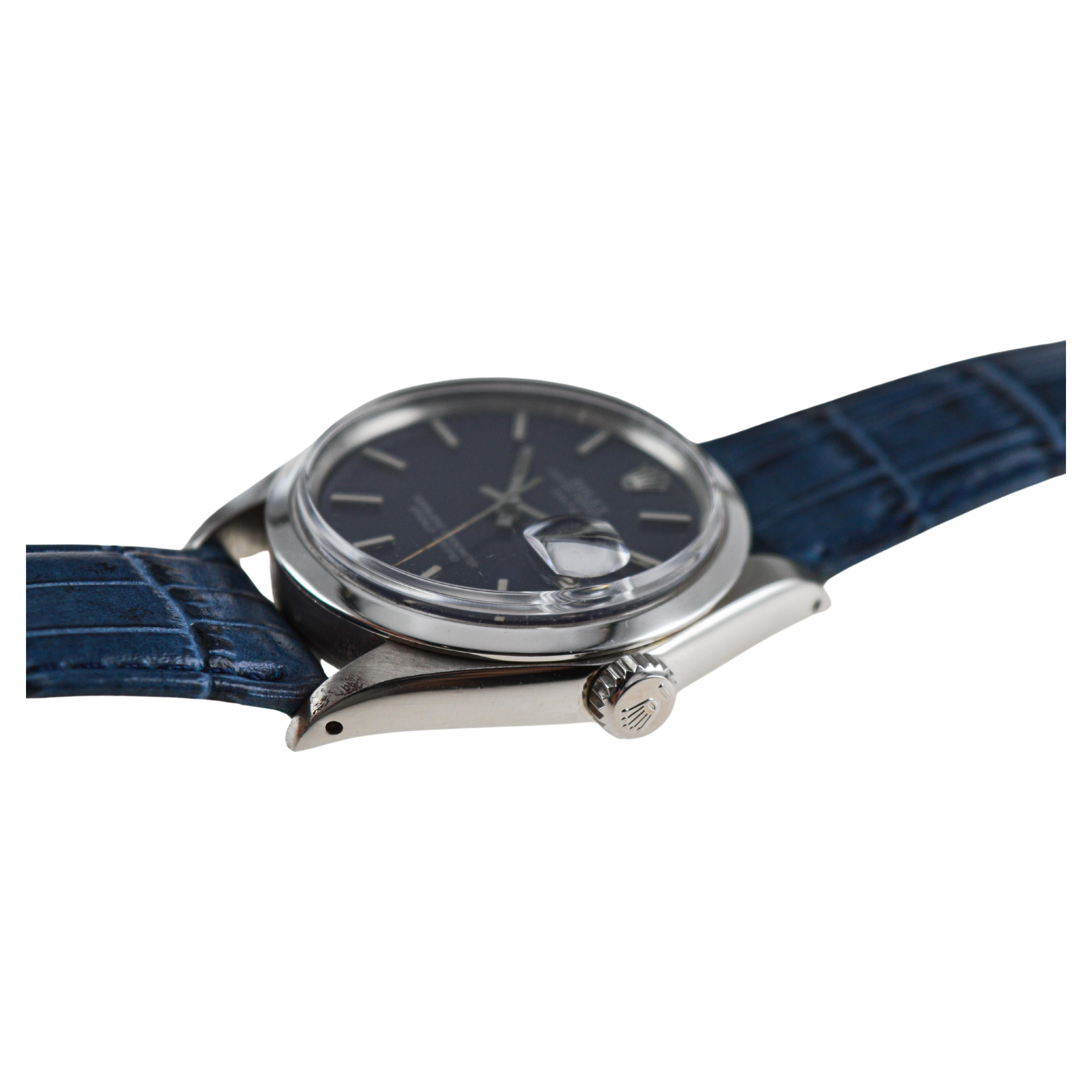 Rolex Steel Oyster Perpetual Date with Custom Made Navy Blue Dial circa, 1970's For Sale 8